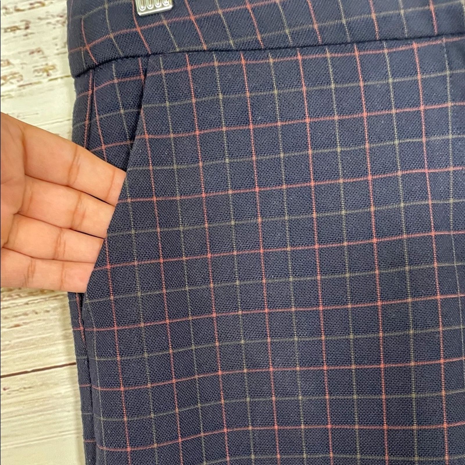 FRNCH FRNCH Navy Plaid Straight Leg Crop Pants, EUC, Medium, Size 28" / US 6 / IT 42 - 3 Thumbnail