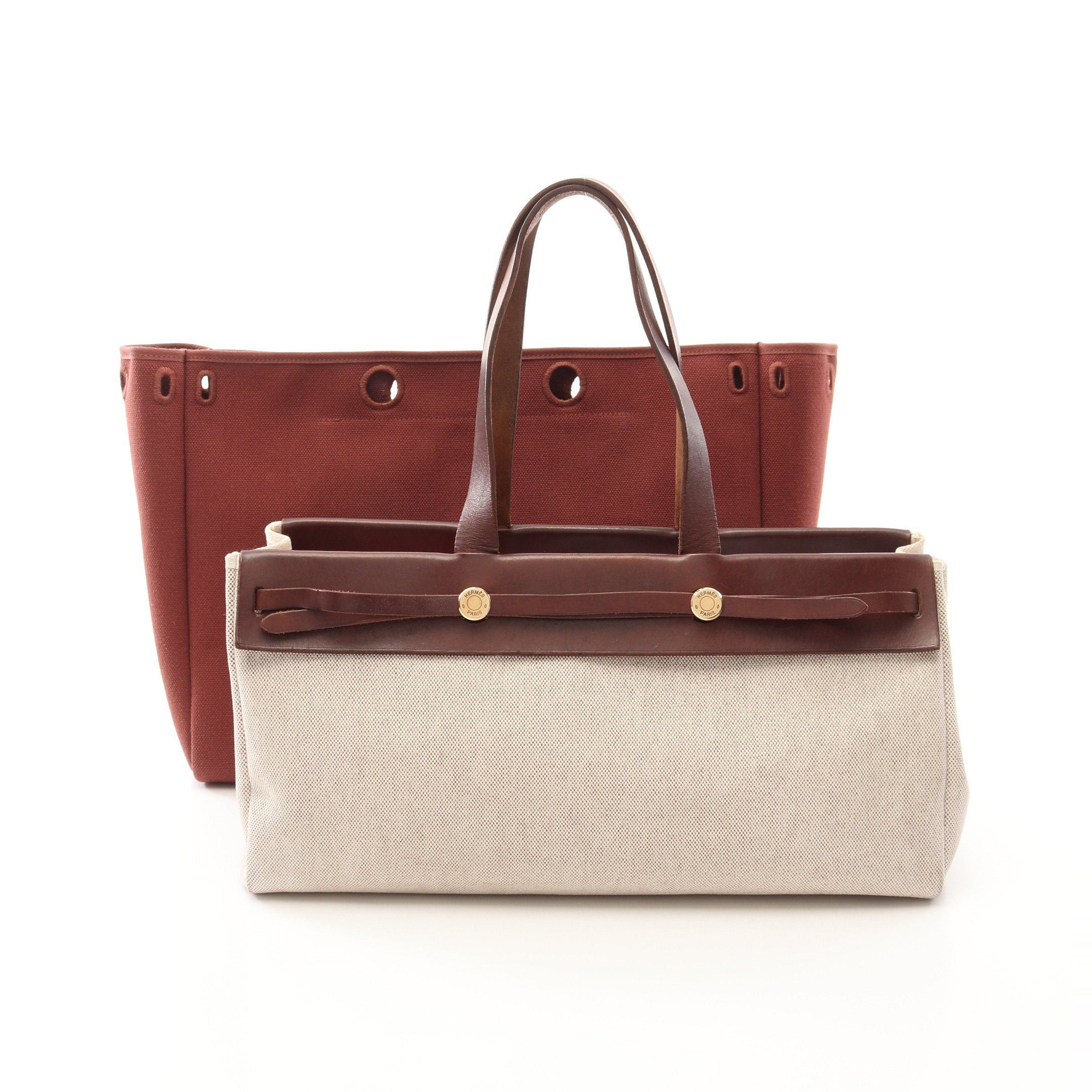 Hermes Hermes Herbag Bag Kabas Gm Handbag Tote Toile Ash Leather Ivory Dark Brown Gold Hardware Stamp (Manufactured Around 2002) Size ONE SIZE - 1 Thumbnail