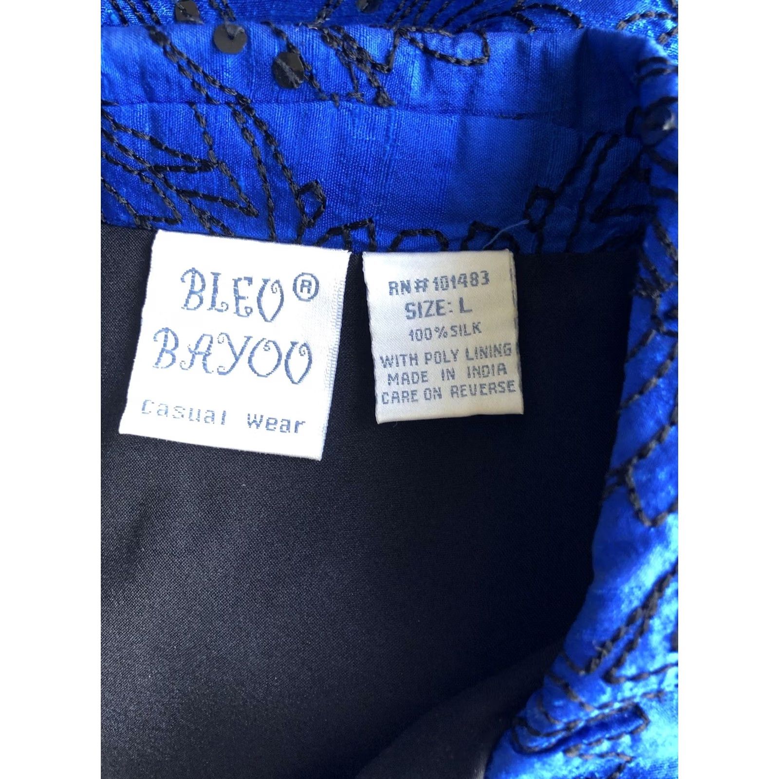 Vintage Bleu Bayou Silk Jacket L Blue Beaded Pleat Cuff Open Front Sleeve Women Kimono 100% Silk Glam Boutique Size L / US 10 / IT 46 - 6 Thumbnail
