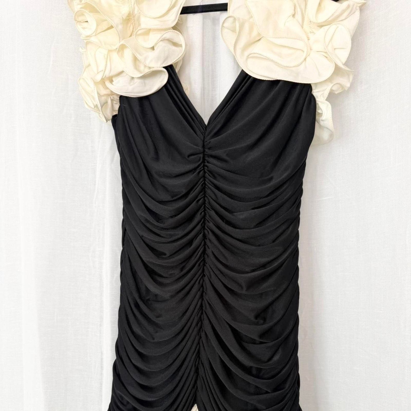 Vintage black + ivory ruffle couture dress Size L / US 10 / IT 46 - 6 Thumbnail