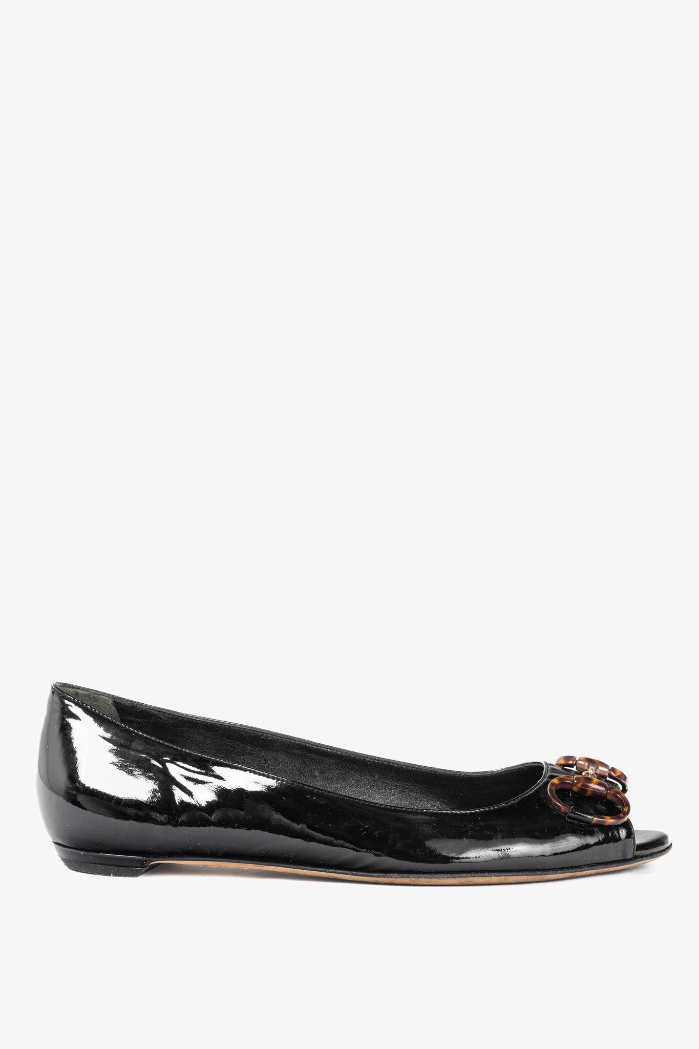 Gucci Gucci Black Patent-Leather Tortoise-Horsebit Peep-Toe Flats Size US 6.5 / IT 36.5 - 2 Thumbnail
