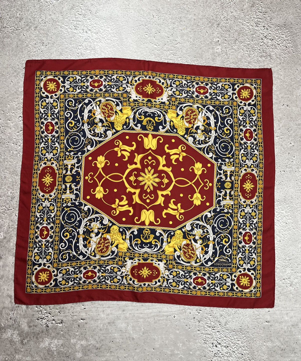 Longchamp Longchamp Vintage Scarf 88x83 Baroque Red Gold Navy France Size ONE SIZE - 1 Thumbnail