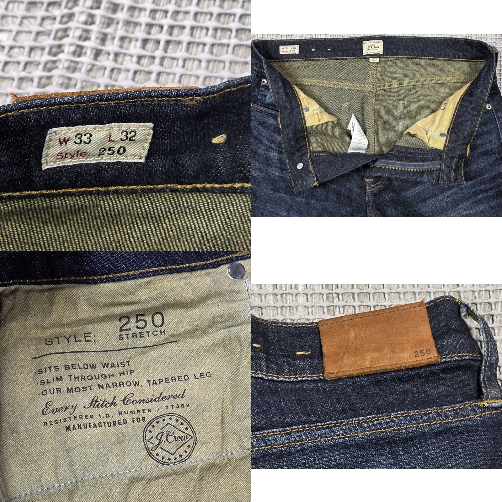 J.Crew J.CREW 250 Skinny Jeans Men 33 x 32 Distressed Stretch Japanese Kurabo Denim Blue (Dark) 5-Pocket Rise Mid-Skinny Fit Mens Jeans Size US 33 - 8 Thumbnail