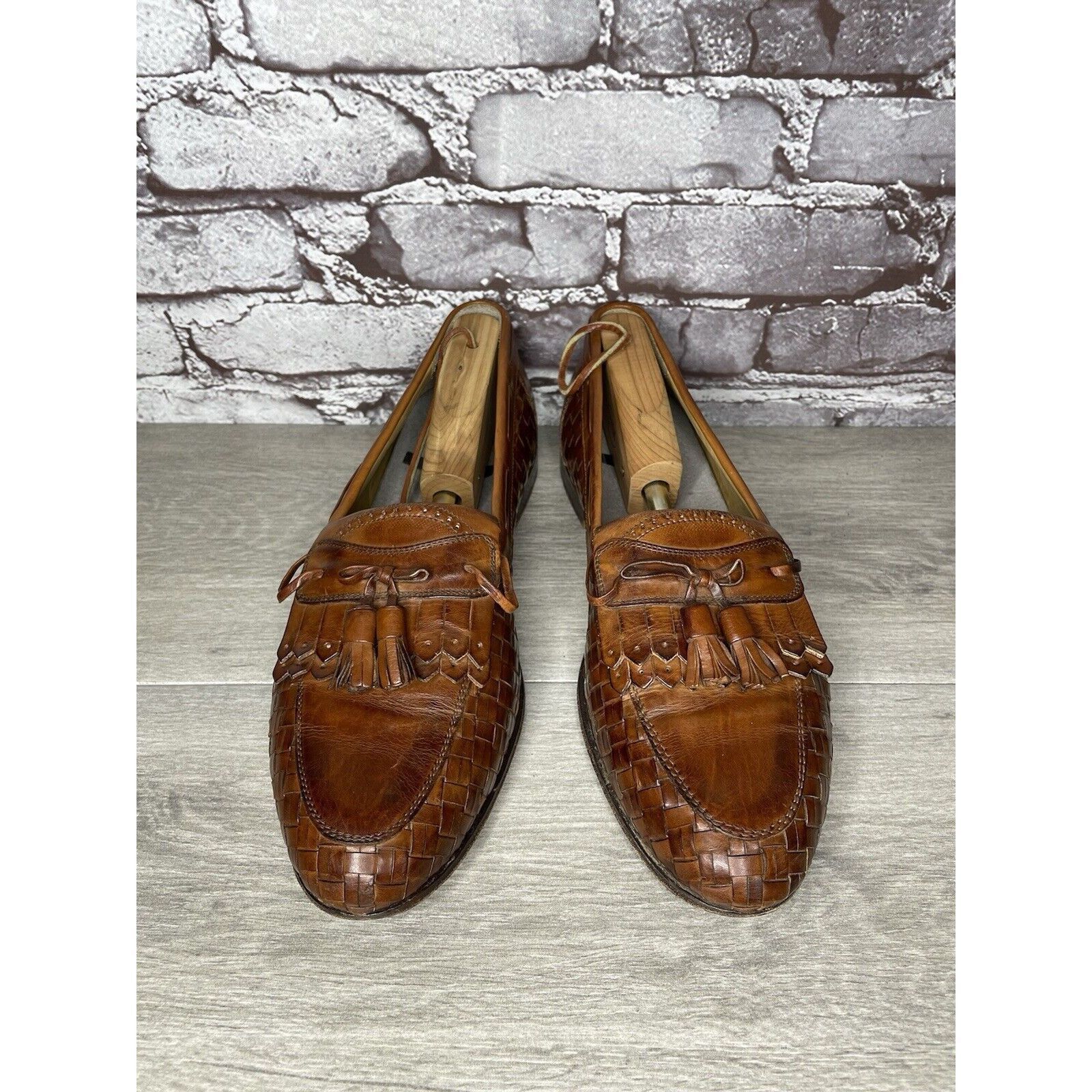 Johnston & Murphy Johnston & Murphy Brown Leather Woven Kiltie Tassel Loafers Size US 12 / EU 45 - 24 Thumbnail