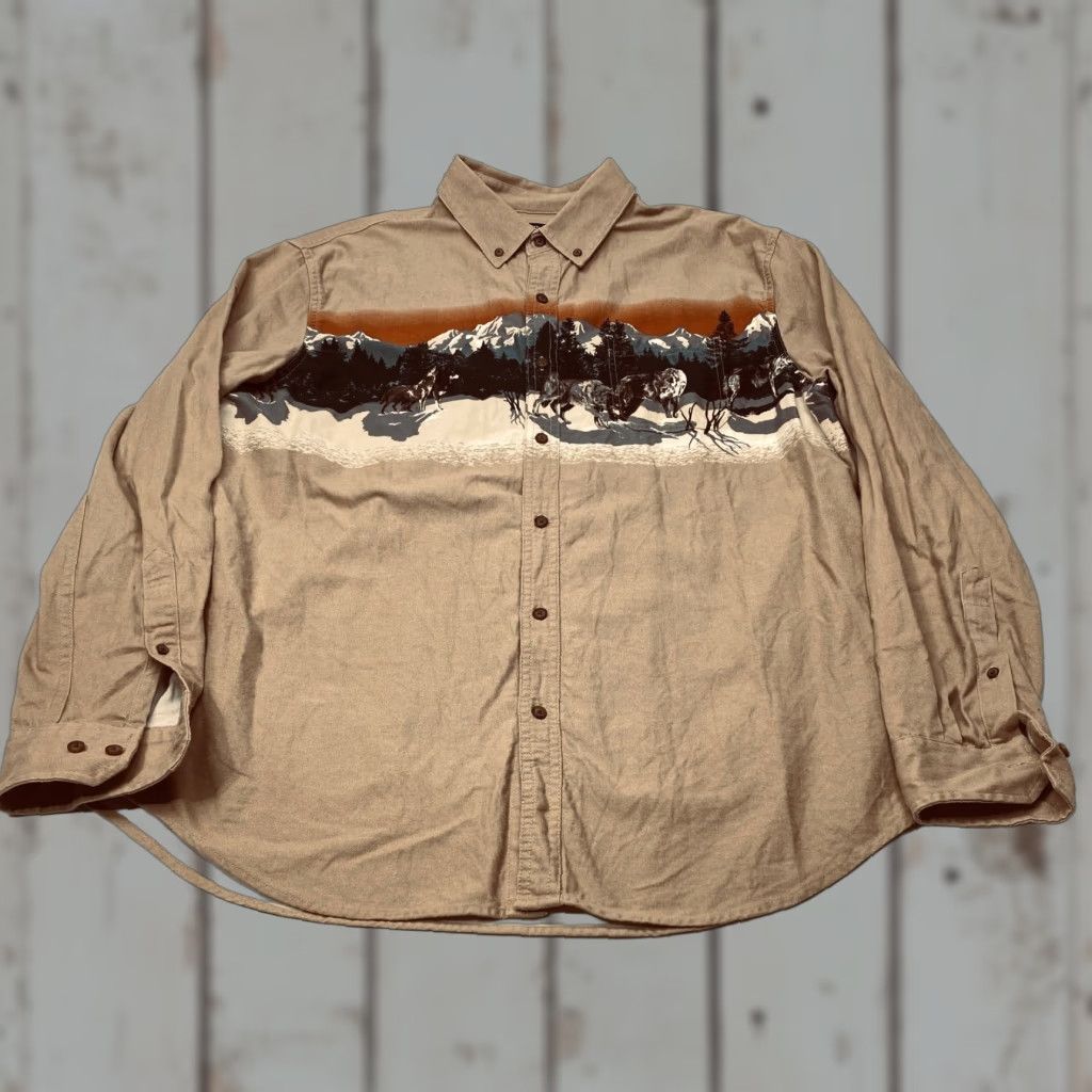 Croft & Barrow Croft Barrow Shirt Mens Large Wolf Pack Mountains Tan 100% Cotton Button-Up Casual Long Sleeve Size US L / EU 52-54 / 3 - 1 Thumbnail