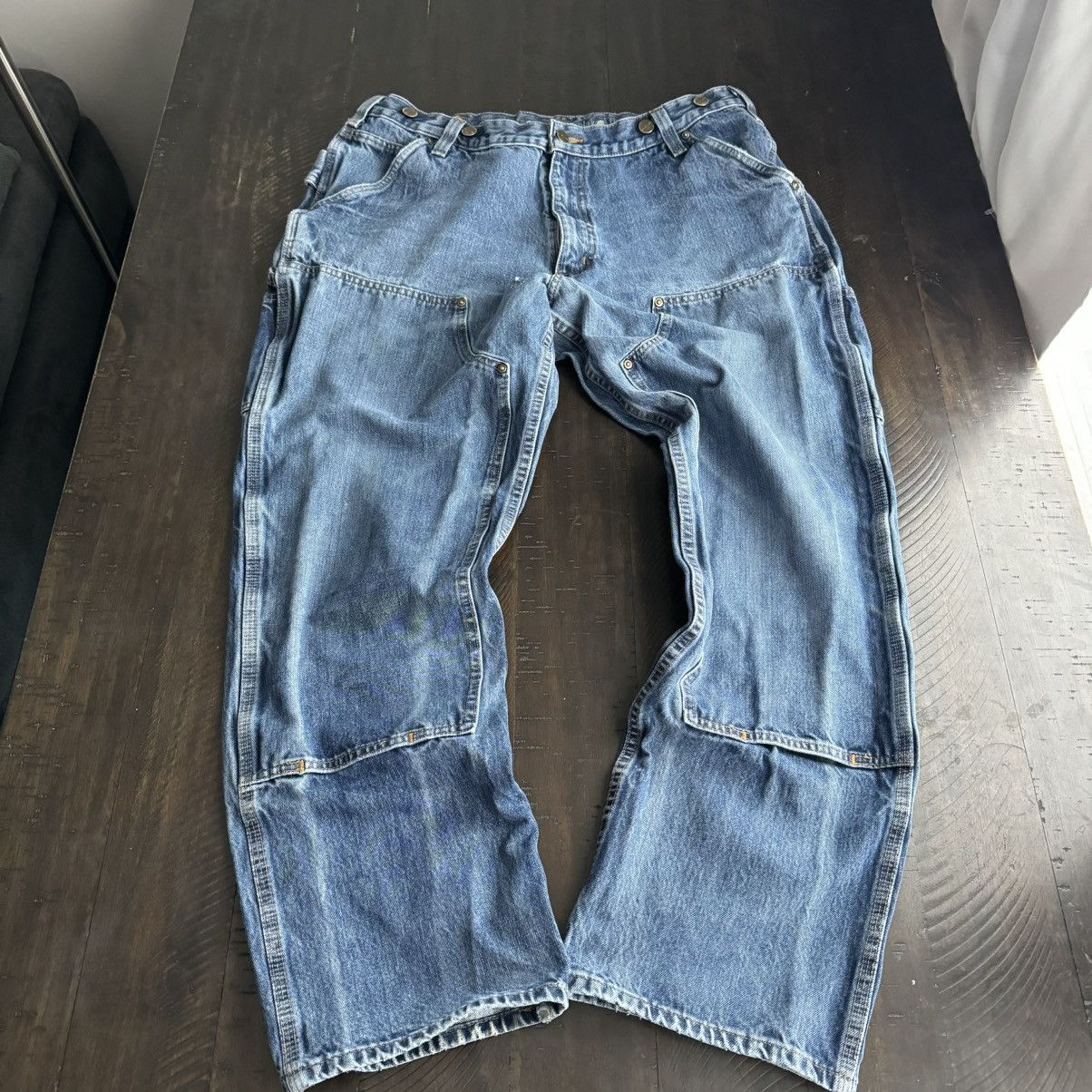 Pre-owned Carhartt X Made In Usa Crazy Vintage Faded Distressed Denim Carhartt Double Knee In Blue