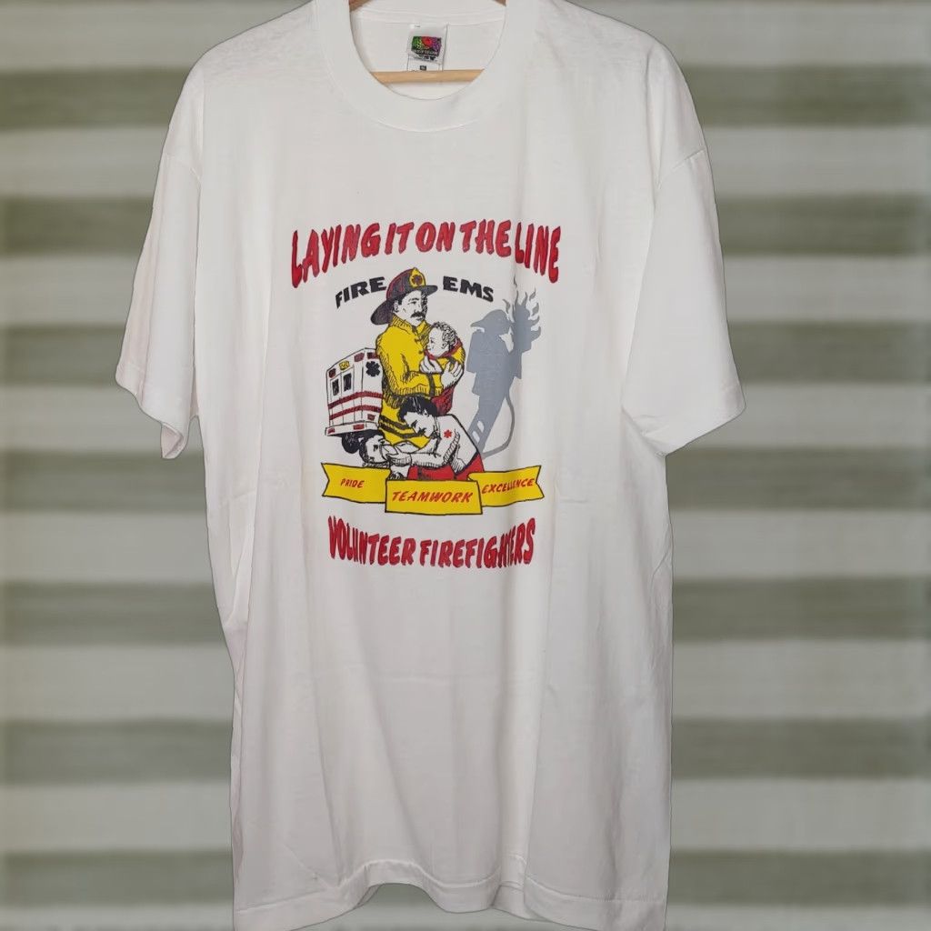 Fruit Of The Loom Volunteer Firefighters Shirt XL EMS Single Stitch Fireman Hero White NEW Vintage Shirt Size US XL / EU 56 / 4 - 1 Thumbnail