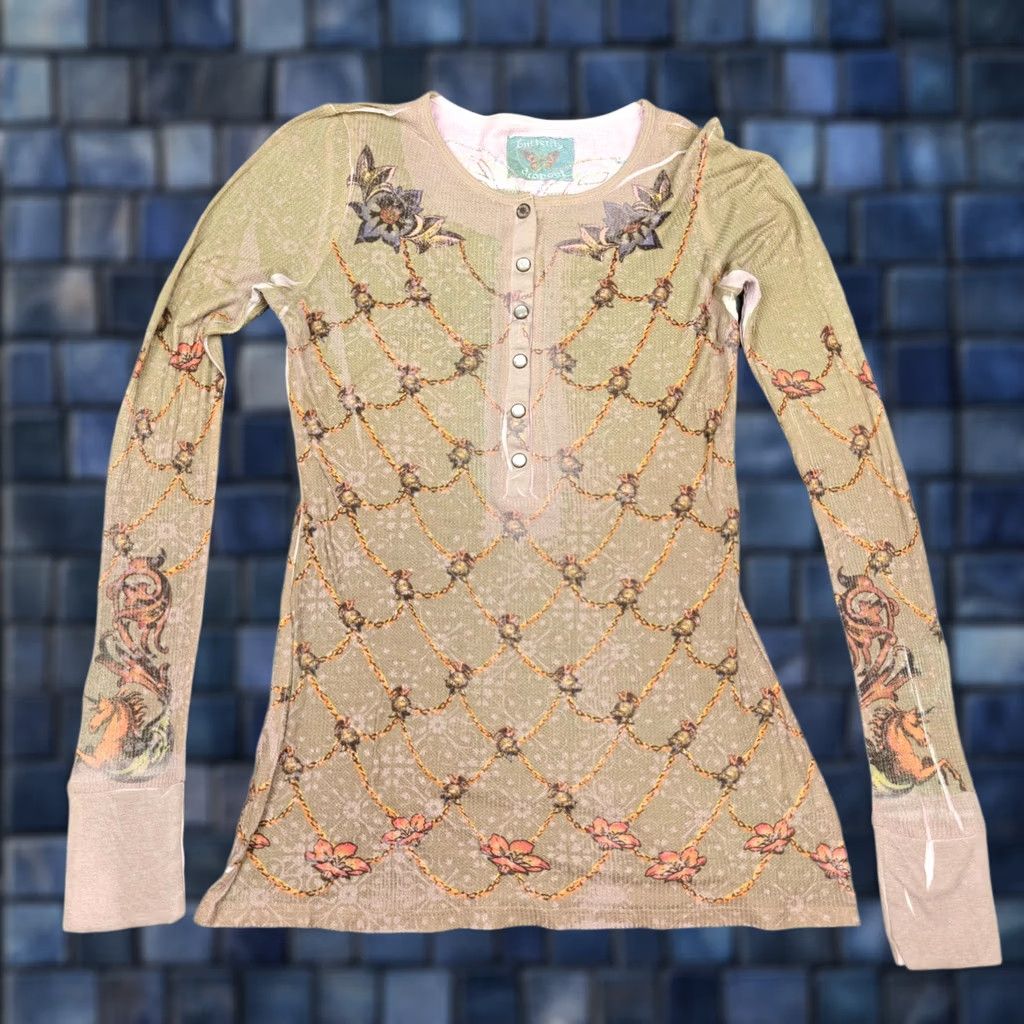Vintage VINTAGE Butterfly Shirt Womens Small Beige Floral Henley Top Print Y2K Dropout Size S / US 4 / IT 40 - 1 Thumbnail