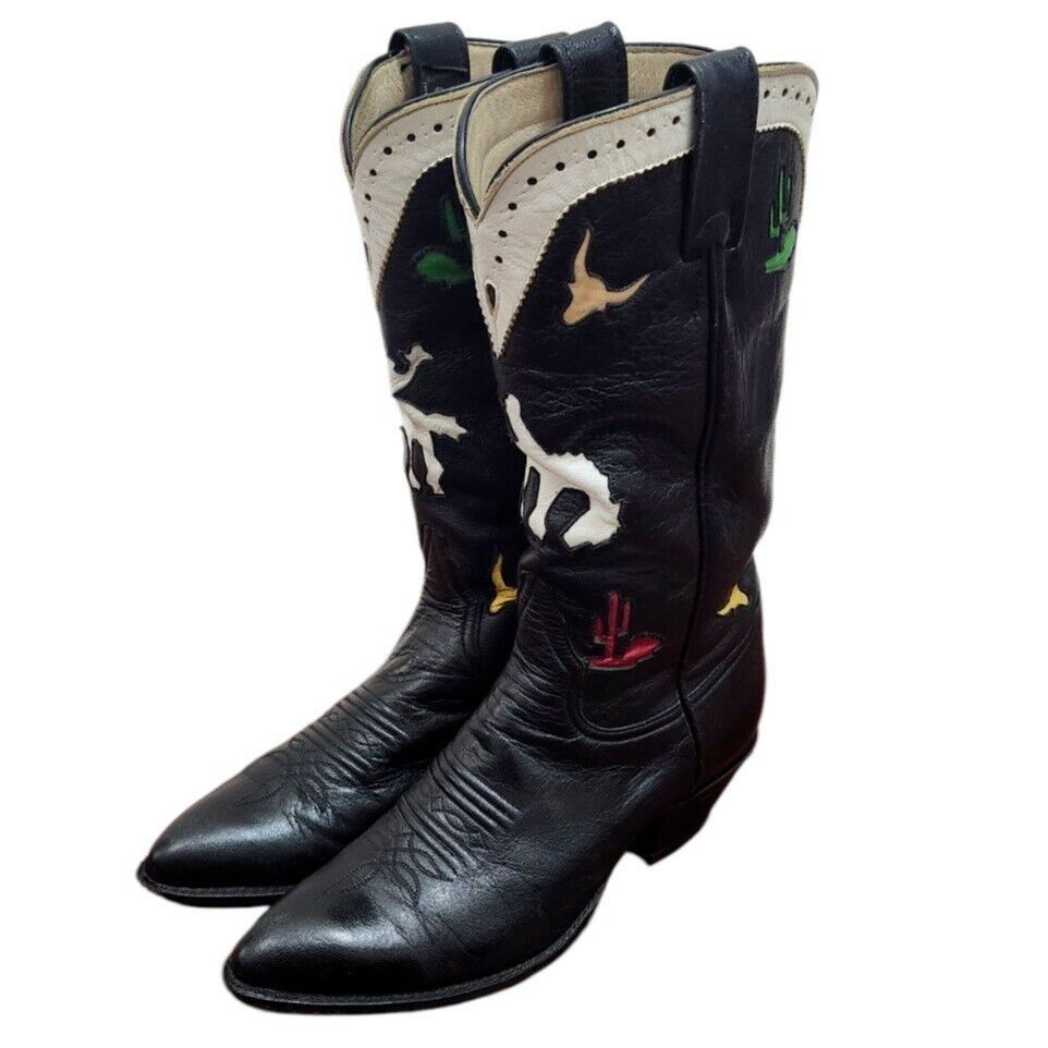 Larry Mahan Larry Mahan Rodeo Black White Red Cowgirl Cowboy Boots Size US 7 / IT 37 - 8 Thumbnail