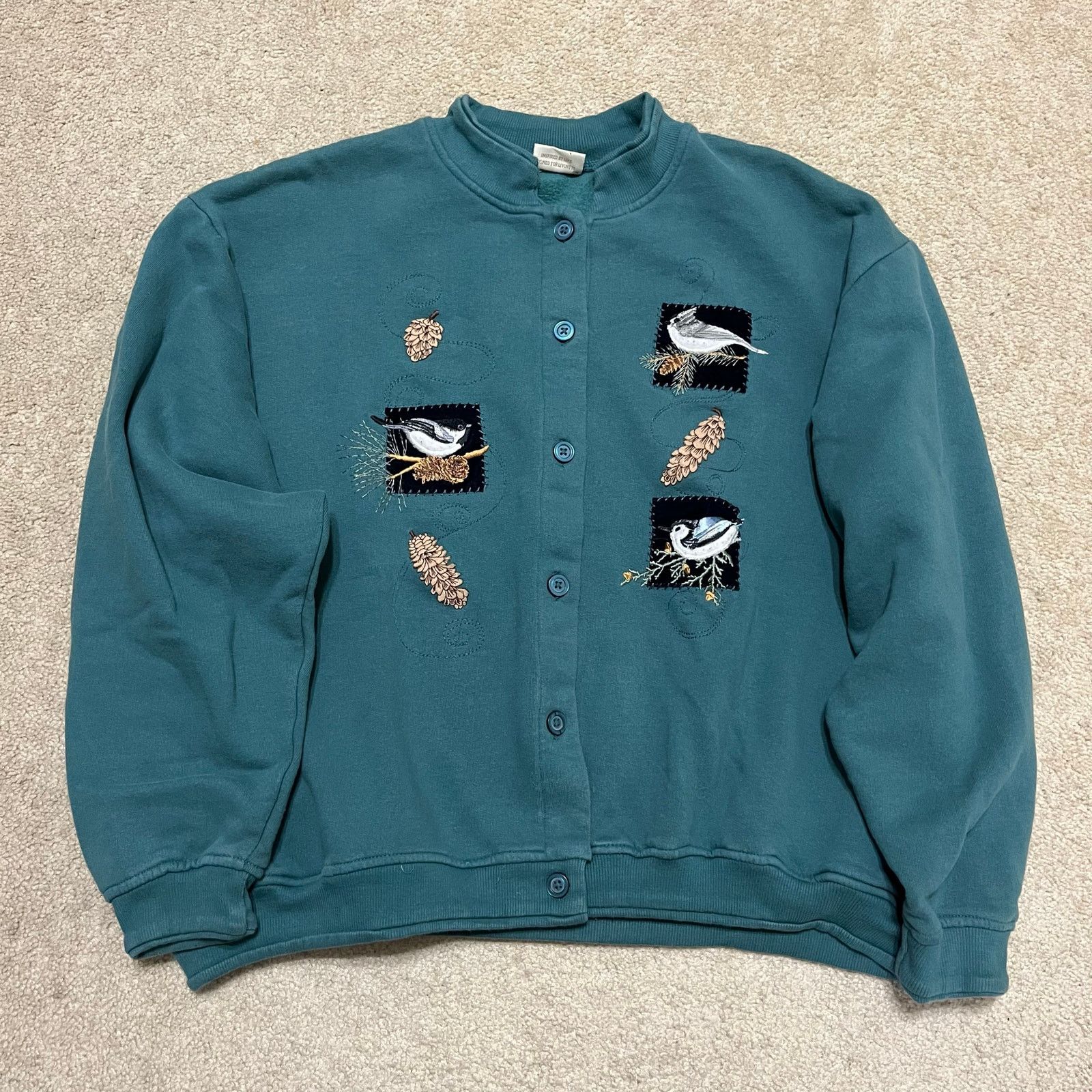 Other Vintage Artisans Bird Embroidered Cardigan Crewneck Turquois Size L / US 10 / IT 46 - 1 Thumbnail