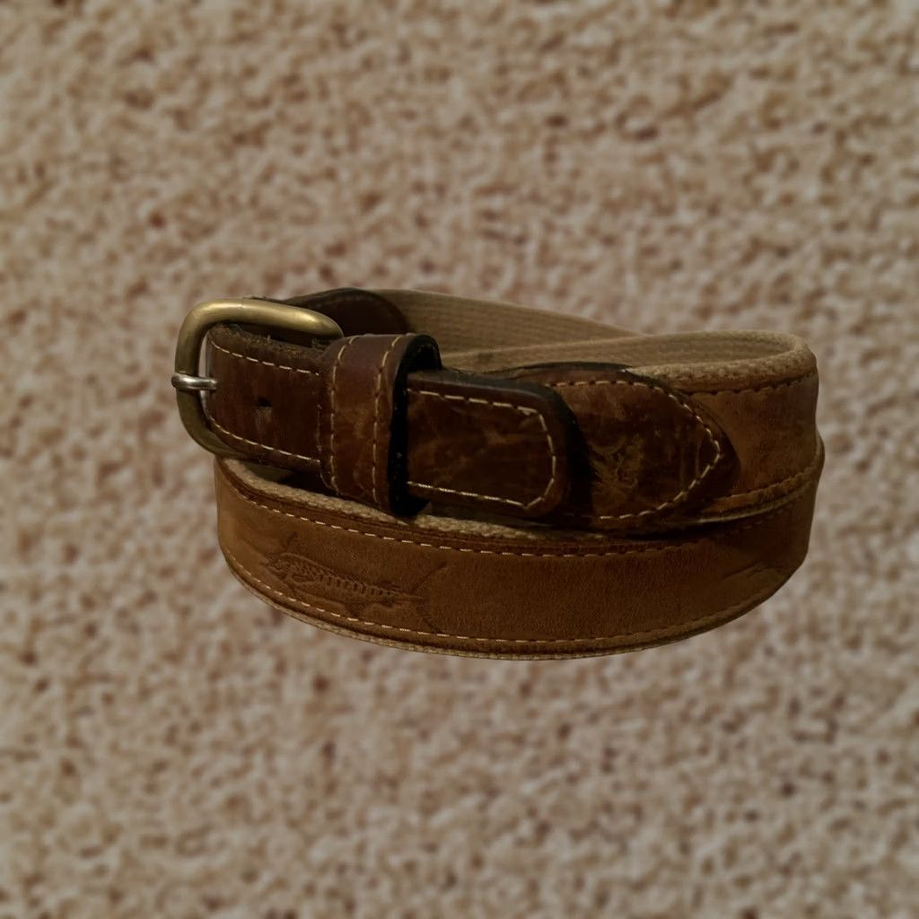 Vintage Marlin Swordfish USA Solid Brass Buckle Brown Leather Belt Mens 32 Size 32 - 1 Thumbnail