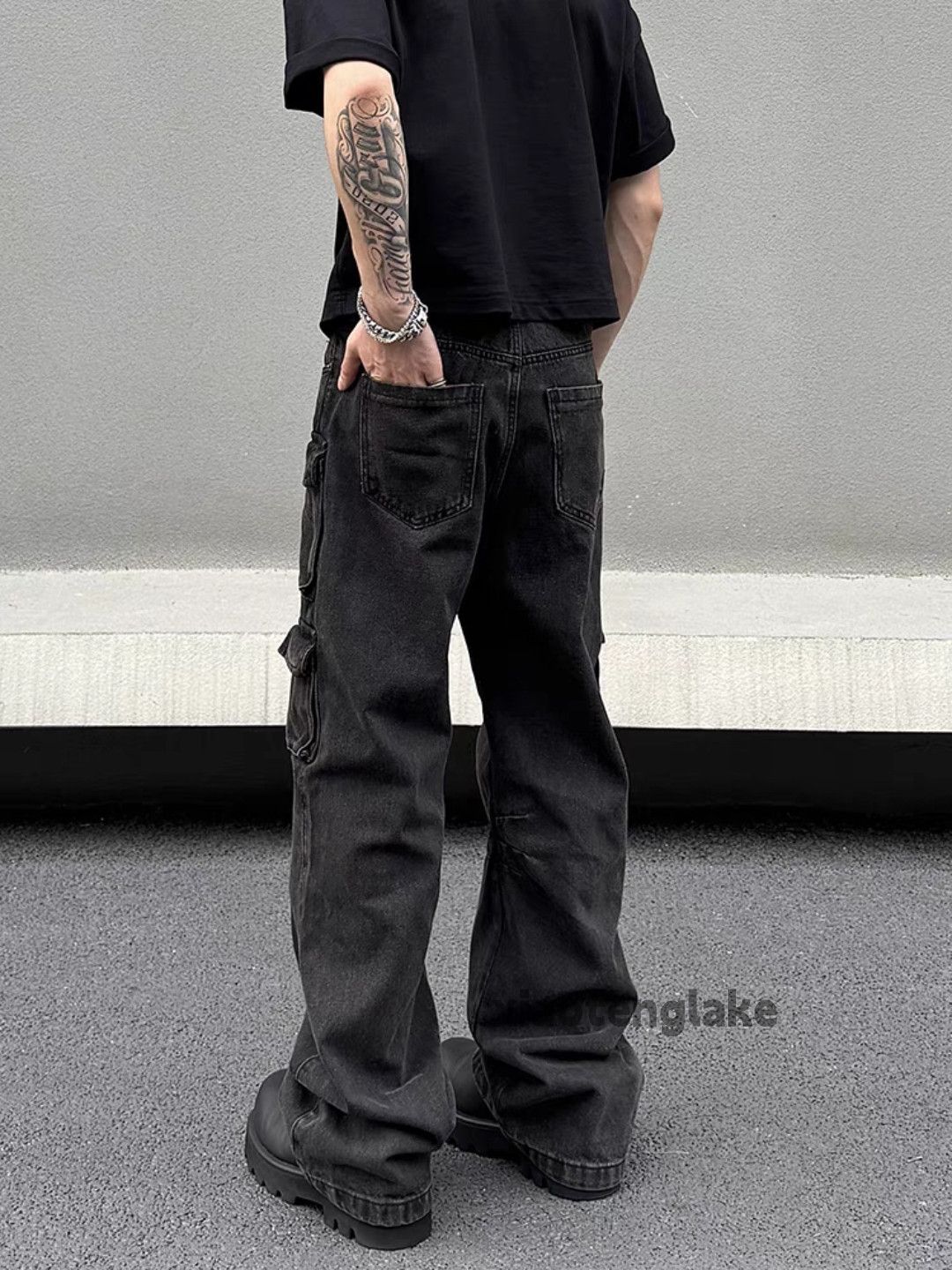 Jean Unisex washed faded loose baggy hiphop cargo jeans Size US 32 / EU 48 - 4 Thumbnail