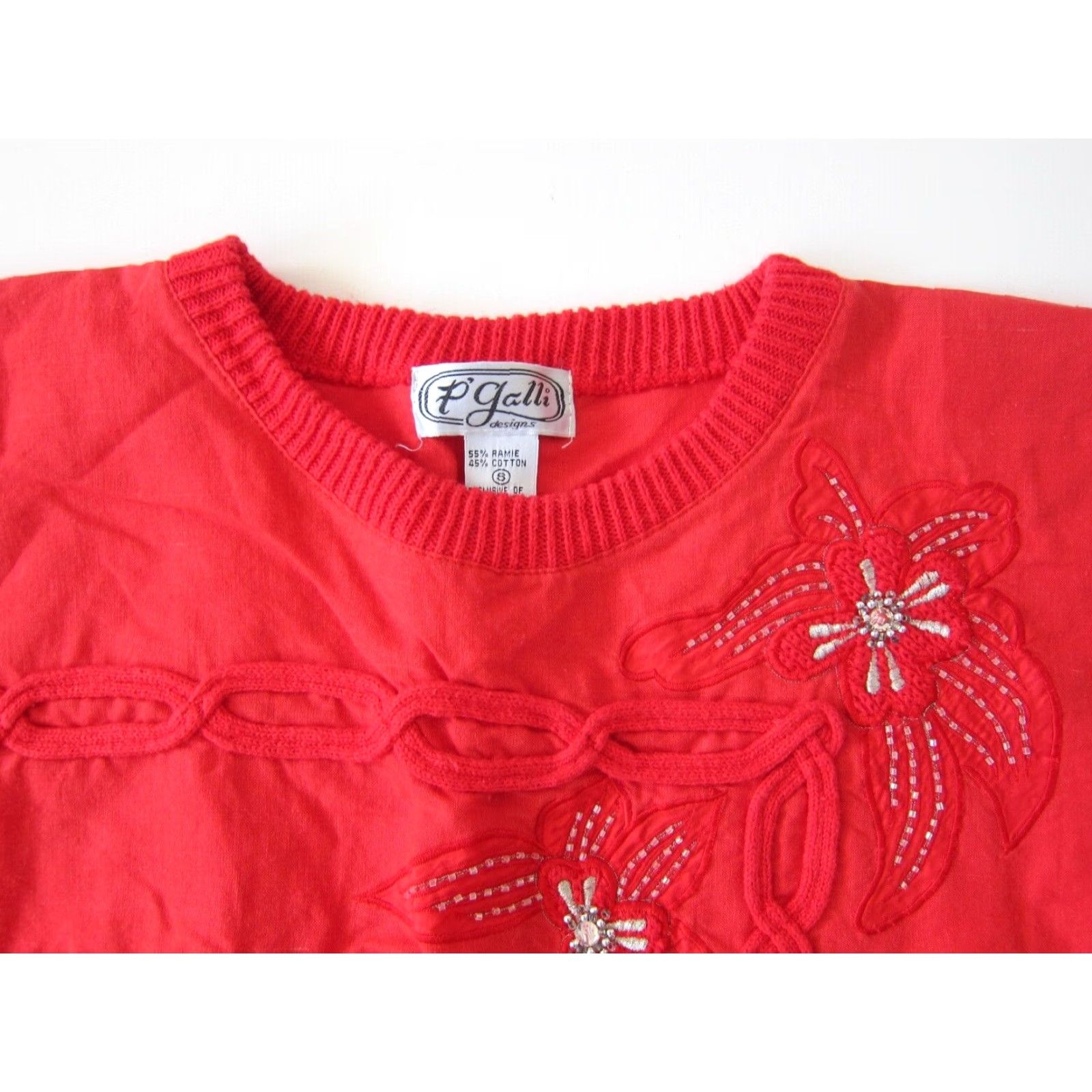 4SDESIGNS Vintage P' Galli Designs Blouse Short Sleeve Women S-M Red Cotton Beaded Embroidered Tunic Size S / US 4 / IT 40 - 3 Thumbnail