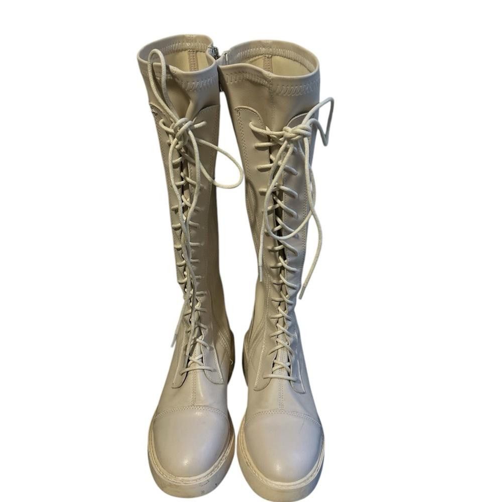 Designer Cream-coloured Knee-High Lace-Up Boots Size US 7 / IT 37 - 2 Thumbnail