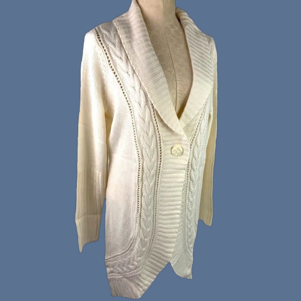 Vintage Motto Cardigan Sweater Women Medium Ivory Long Size M / US 6-8 / IT 42-44 - 1 Thumbnail