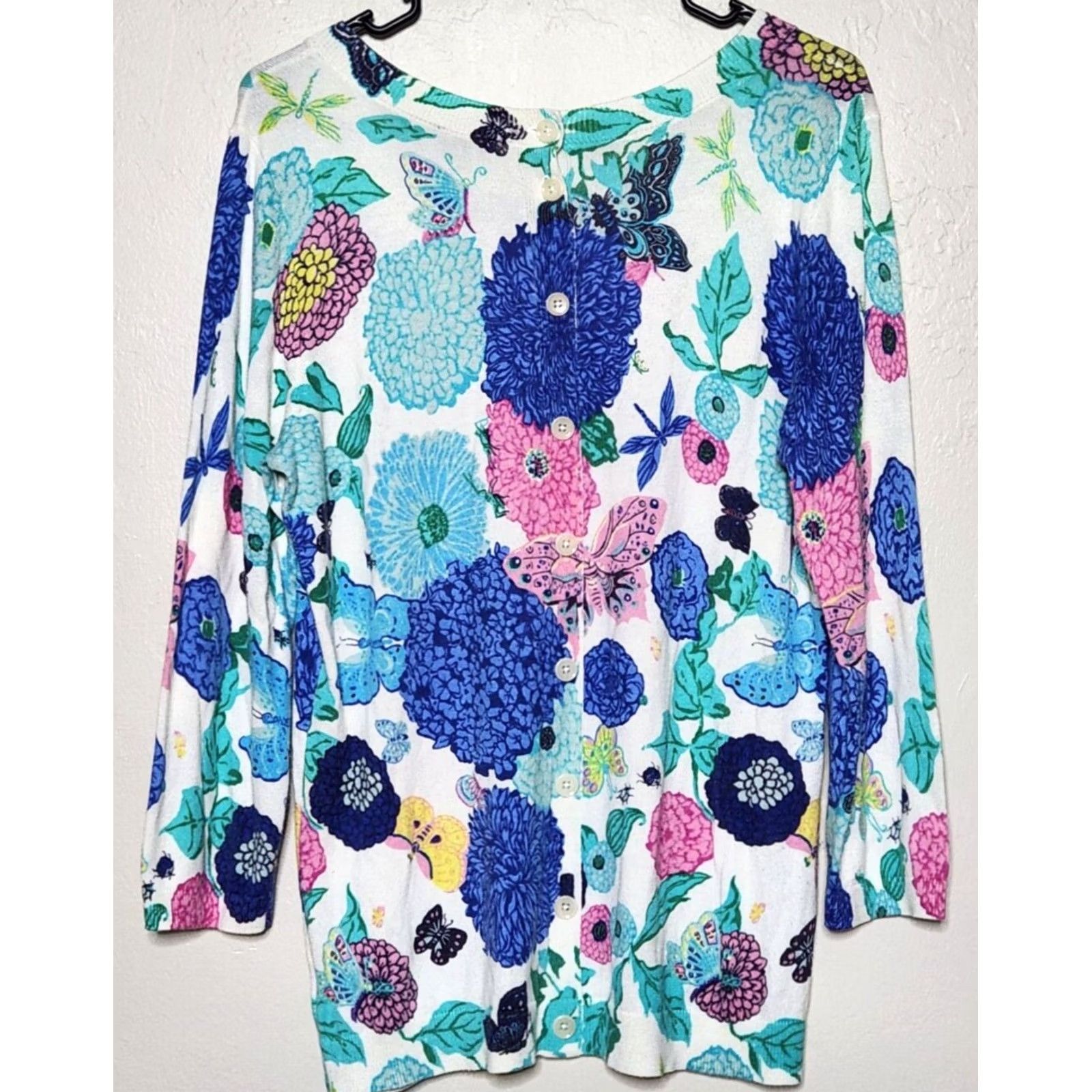 Talbots Talbots Womens Sweater 3/4 Sleeve Floral Butterfly Cotton Blend Knit Button Back M Multicolor Womens Size M / US 6-8 / IT 42-44 - 2 Thumbnail