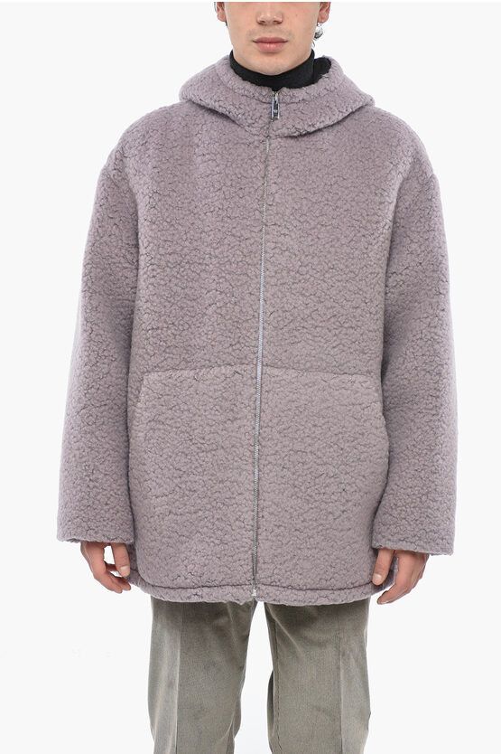 Image of Prada Bouclè Wool Blend Hooded Coat With Zip in Violet, Men's (Size Small)