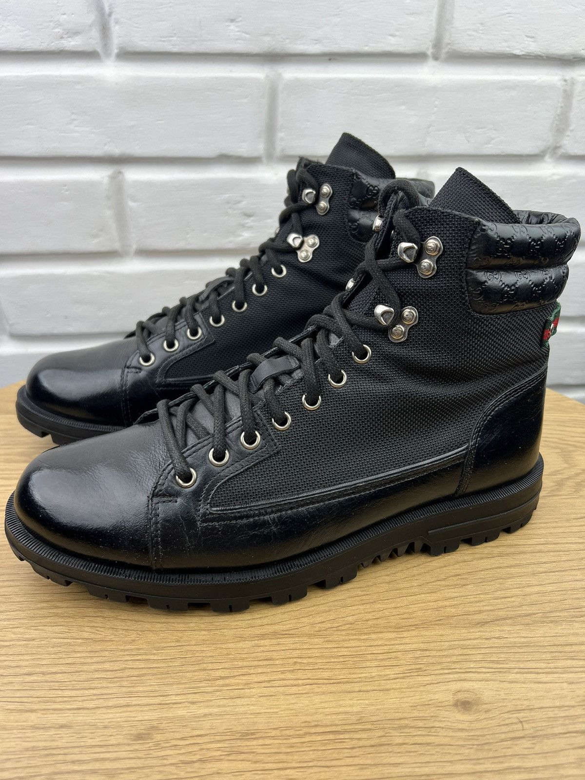 Gucci GUCCI Boots Combat Leather Shoes Lace Up GG Monogram Web Size US 8 / EU 41 - 3 Thumbnail