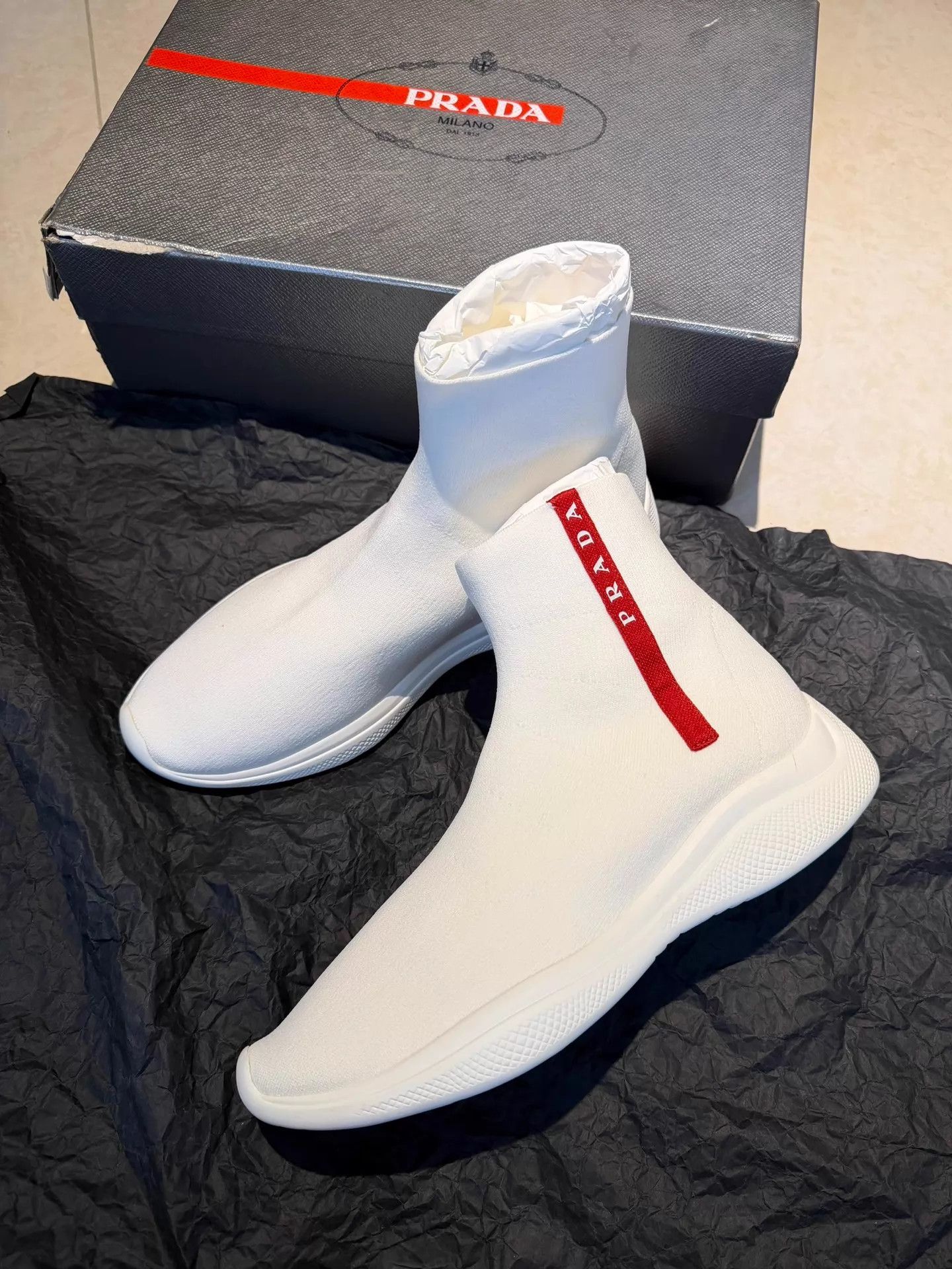 Prada Prada Sock Sneaker White Slip-On High-Top Red Label 42-43 Size US 9.5 / EU 42-43 - 1 Thumbnail