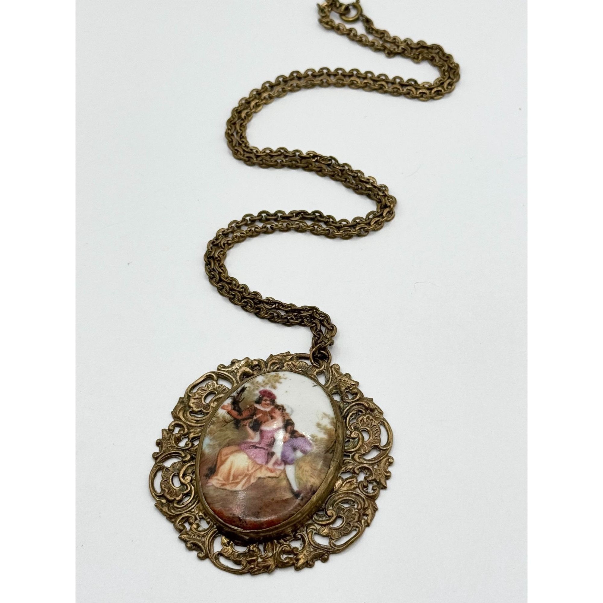 Antique old Victorian Courting Couple bezel set porcelain br