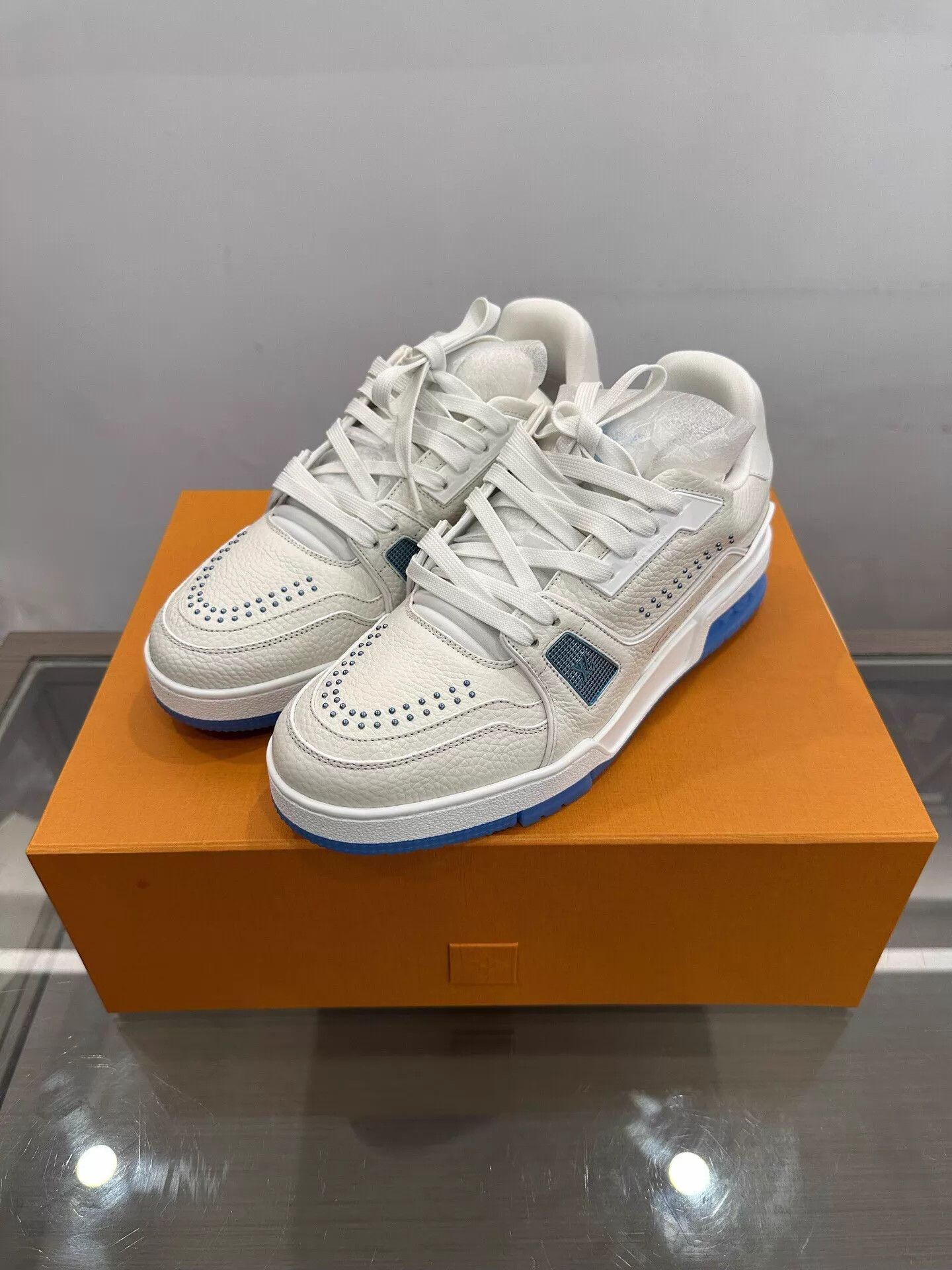 Louis Vuitton LV Men's Blue White Colorblock Beaded Logo Trainer Size US 7.5 / EU 40-41 - 1 Thumbnail