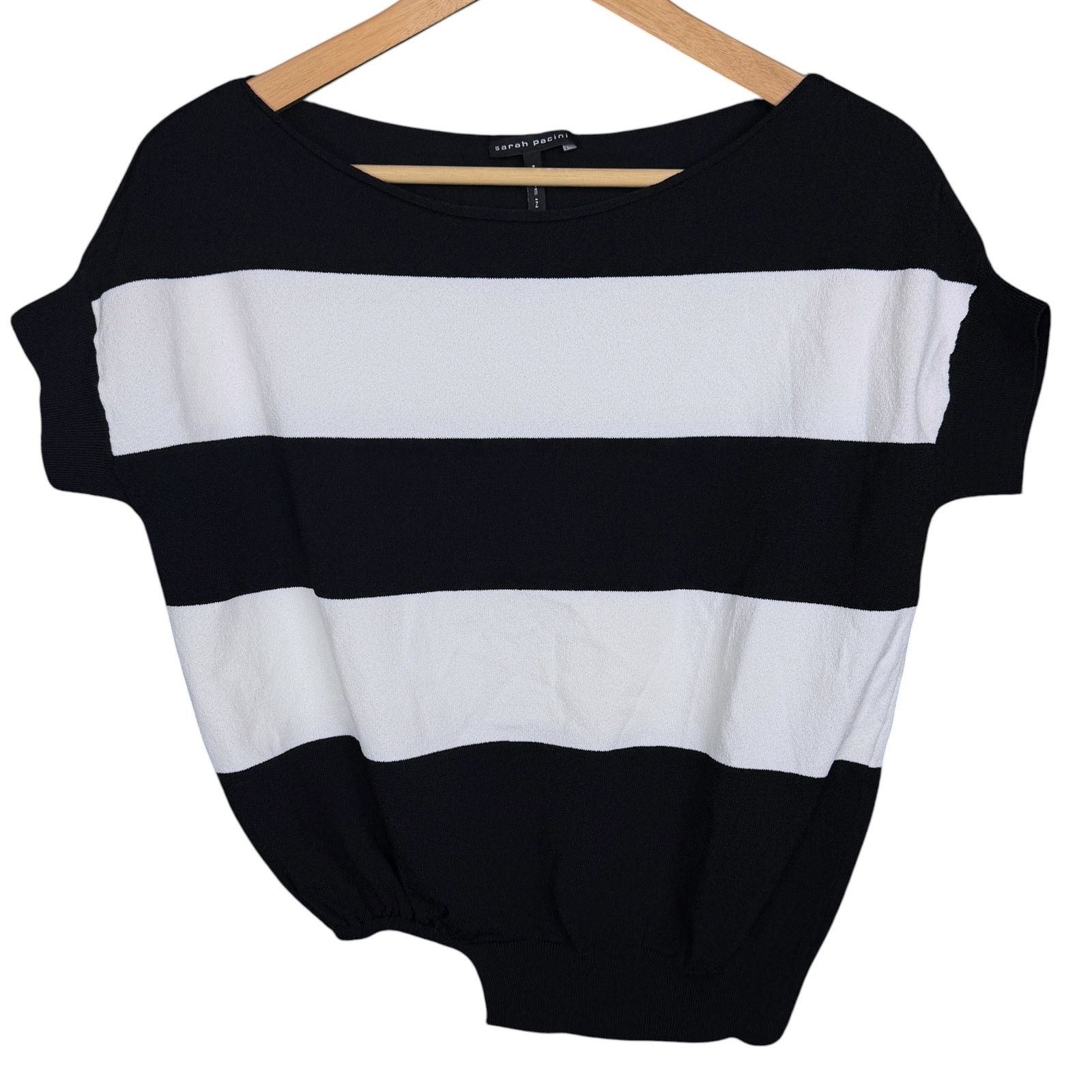 Sarah Pacini Sarah Pacini Italy Black White Striped Cropped Knit Top OS Size ONE SIZE - 7 Thumbnail