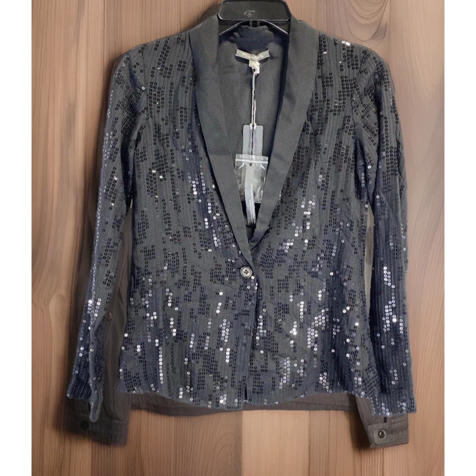 Michael Stars Michael Stars Black Silk Sequin Chiffon Blazer XS Long Sleeve Shawl Lapel One-Button Pockets Women's Modern Classic Jacket Size XS / US 0-2 / IT 36-38 - 2 Thumbnail