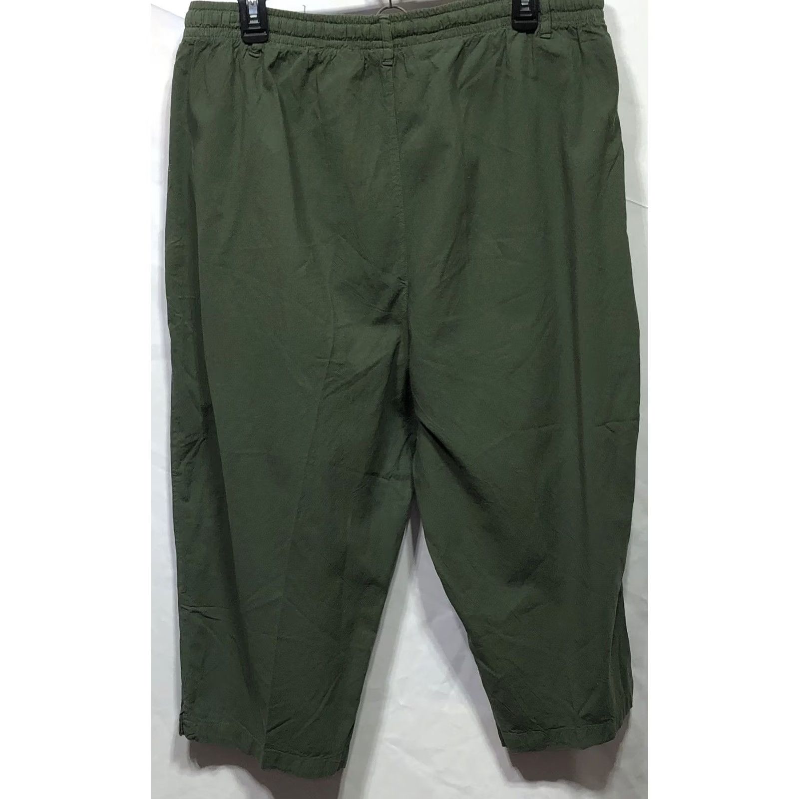 Basic Editions VINTAGE Basic Ed Capri Pants 1X Green Crinkle Cotton Elastic 36" Waist Pockets Womens Size 40" / US 18 - 2 Thumbnail