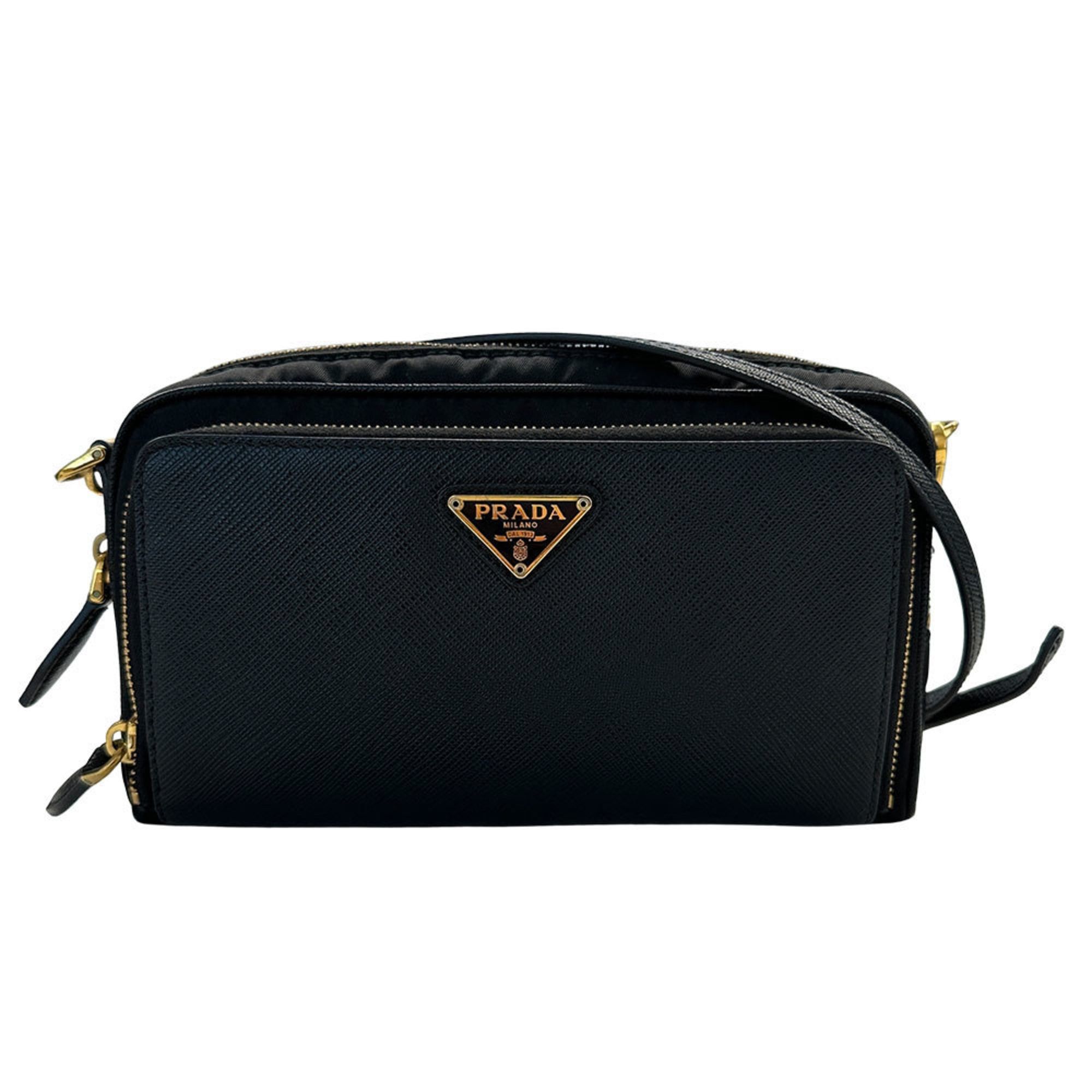 Prada Women's Handbag, Designer Shoulder Bag, Nylon And Leather Wallet, Black Mini Small, Stylish