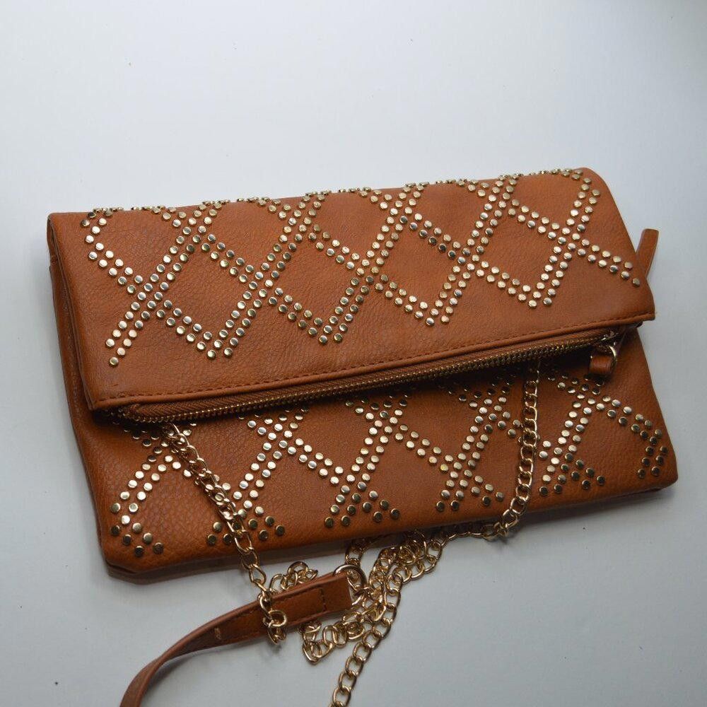 Designer Brown Studded Foldover Clutch with Gold Chain Strap Size ONE SIZE - 1 Thumbnail