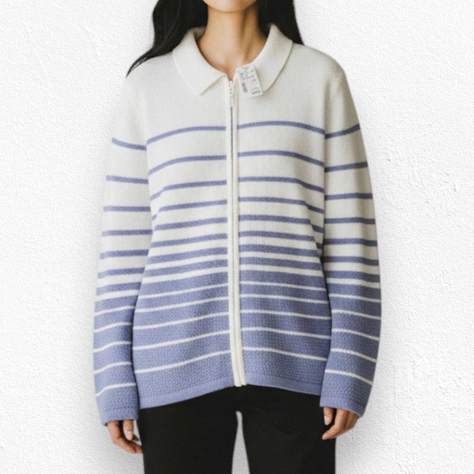 Vintage Y2K Periwinkle White Striped Zip Up Sweater Size 14W Size XL / US 12-14 / IT 48-50 - 3 Thumbnail