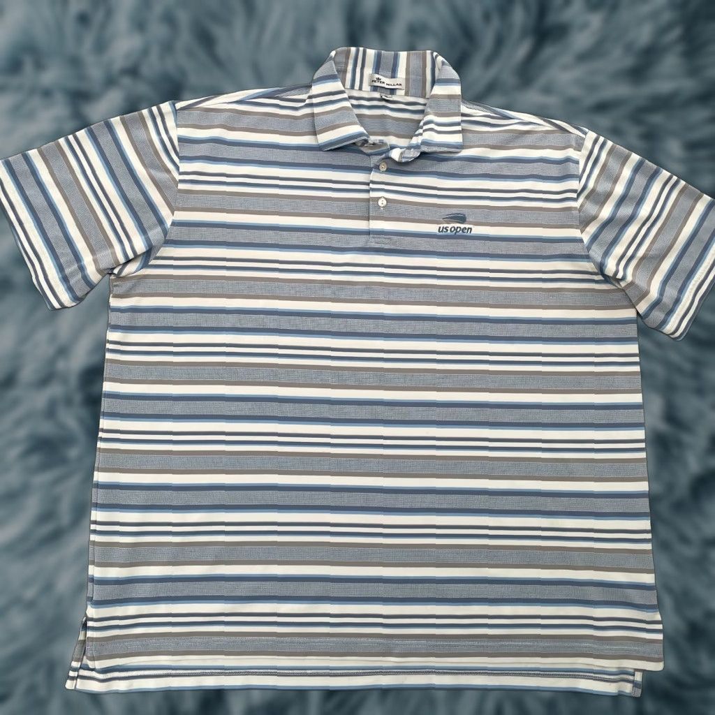Peter Millar Peter Millar Polo Adult XL Gray Blue Striped US Open Logo Mens Size US XL / EU 56 / 4 - 1 Thumbnail