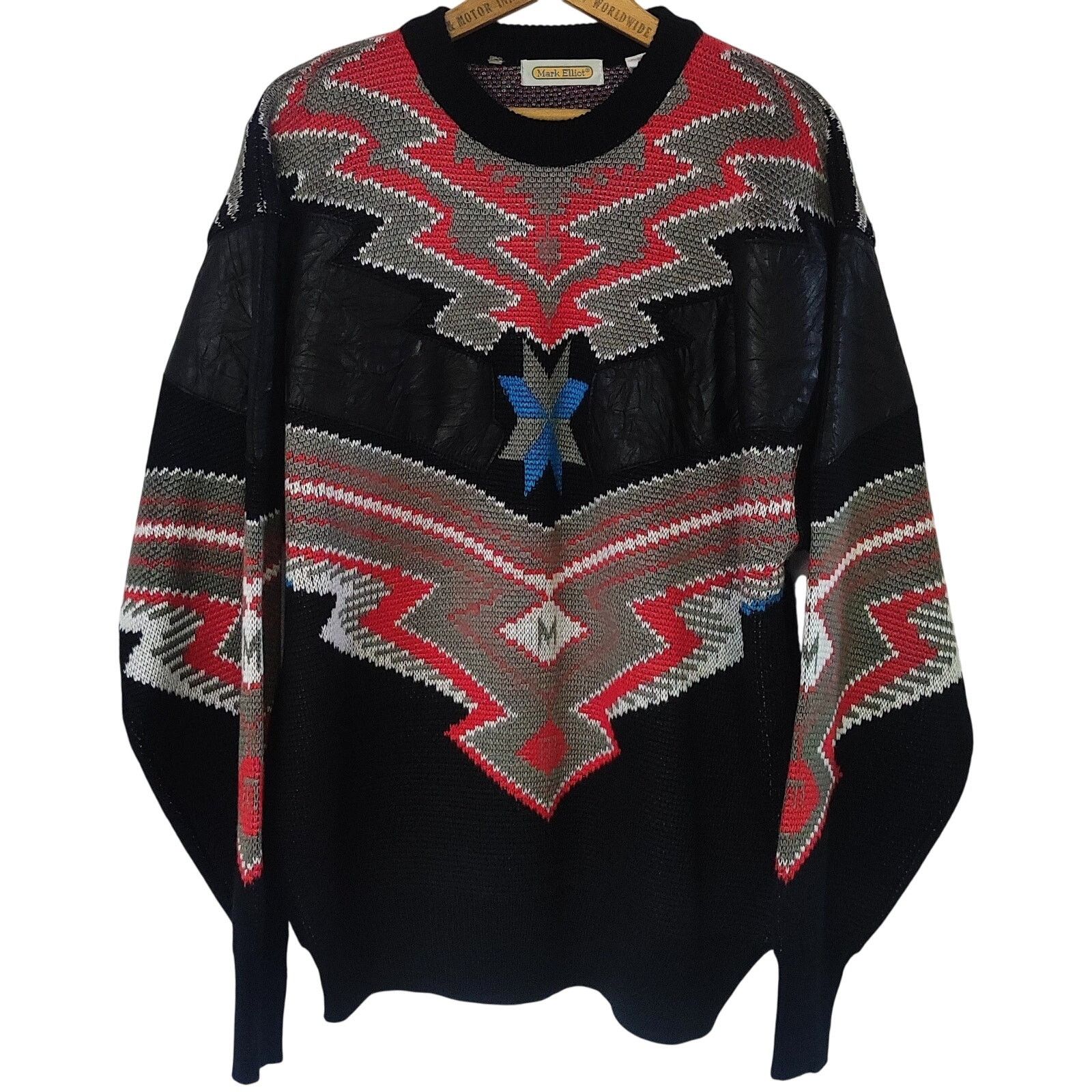 1980s-90s Mark Elliot Sweater M Geometric Intarsia Leather