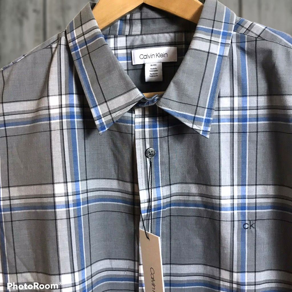 Calvin Klein Calvin Klein Shirt Mens Large Urban Grey Plaid Lightweight Cotton Blend Button-Up Classic Casual NEW Size US L / EU 52-54 / 3 - 1 Thumbnail