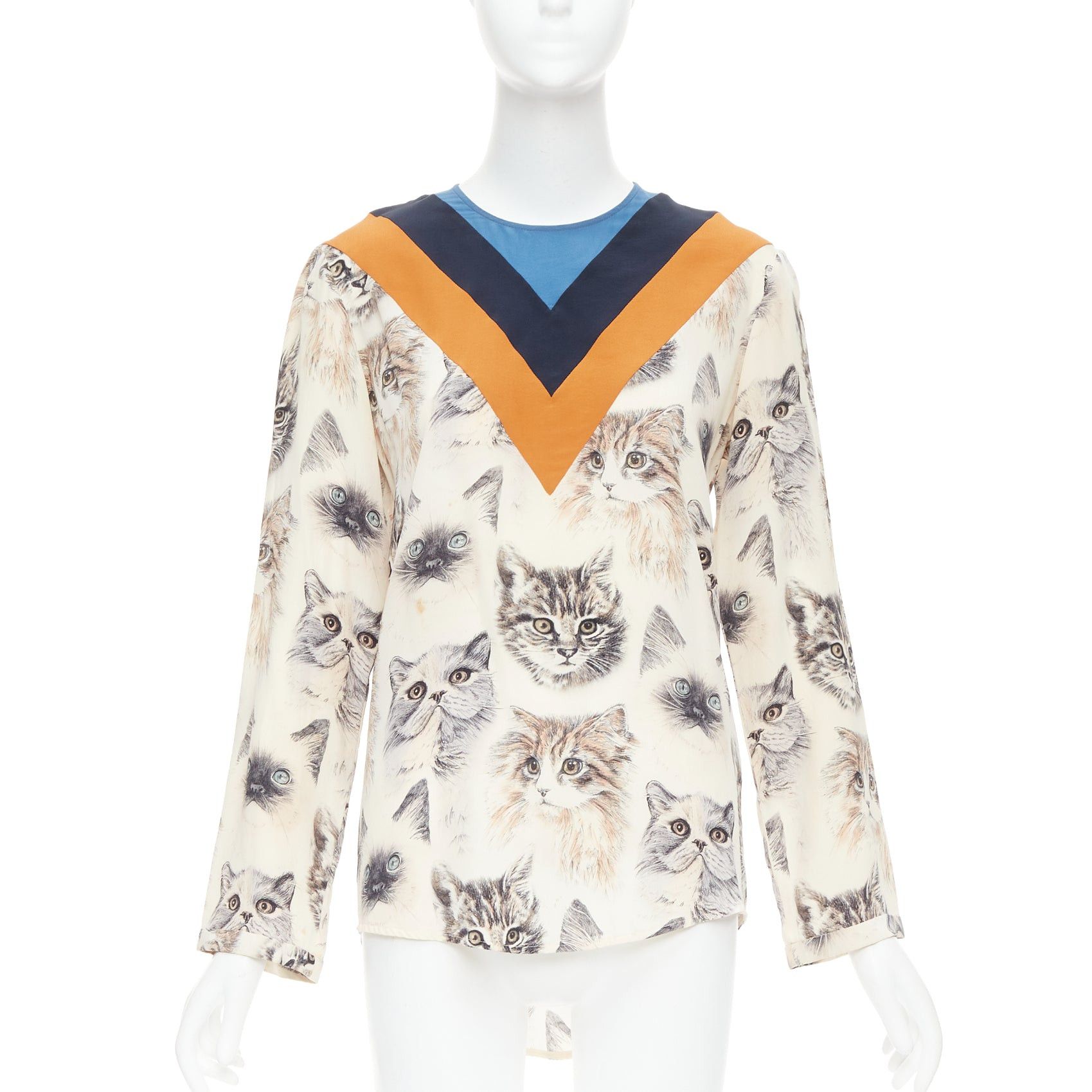 STELLA MCCARTNEY 2016 100% silk beige orange cat print blouse IT38 XS
