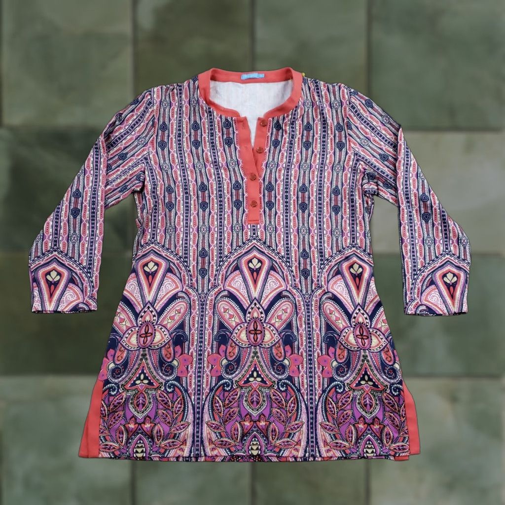 J.McLaughlin J. McLaughlin Tunic Shirt Women Medium Pink Navy Paisley Print 3/4 Sleeve Stretch Blouse Size M / US 6-8 / IT 42-44 - 1 Thumbnail