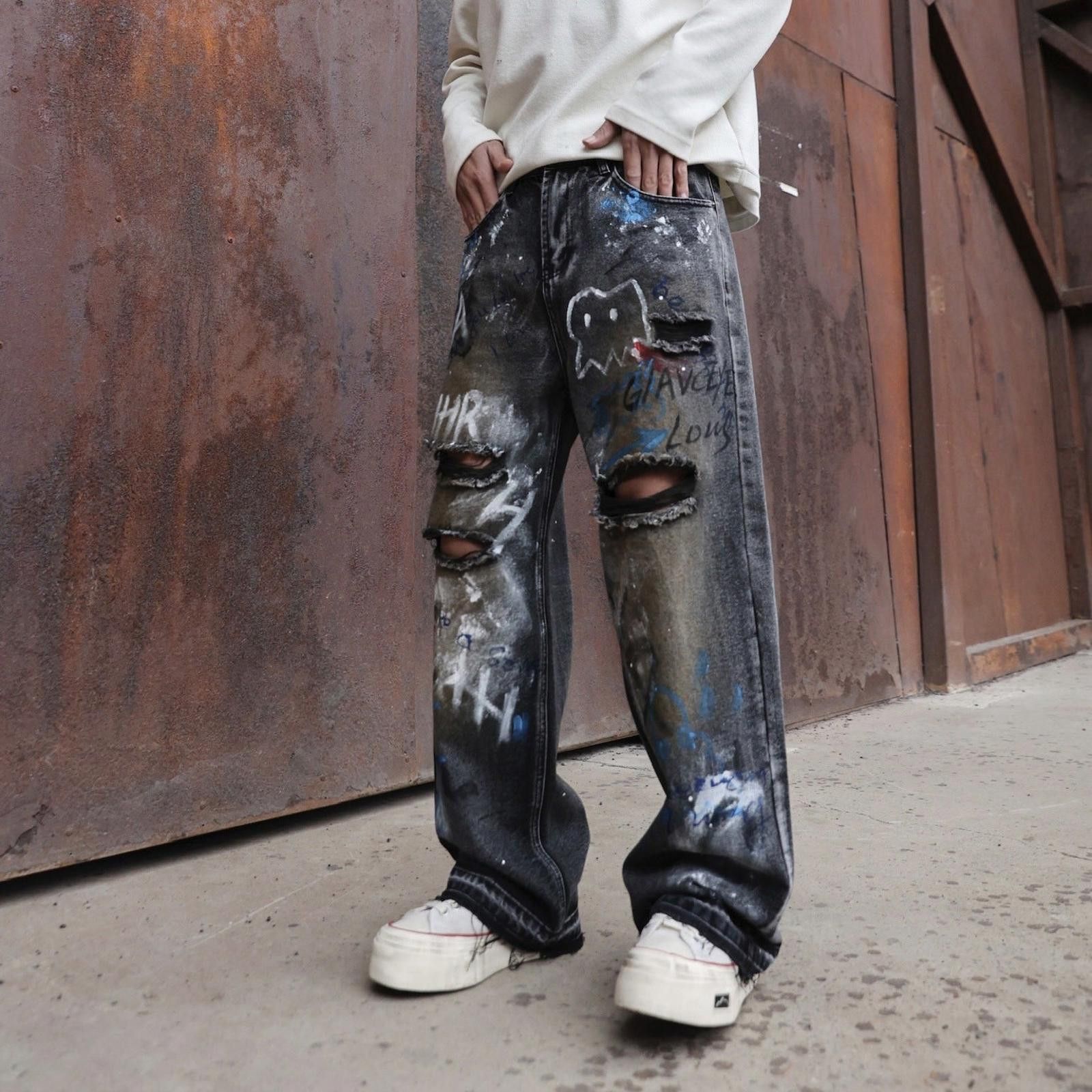 Japanese Brand Light Blue Graffiti Distressed Baggy Jeans, Loose Fit Denim Size US 32 / EU 48 - 7 Thumbnail