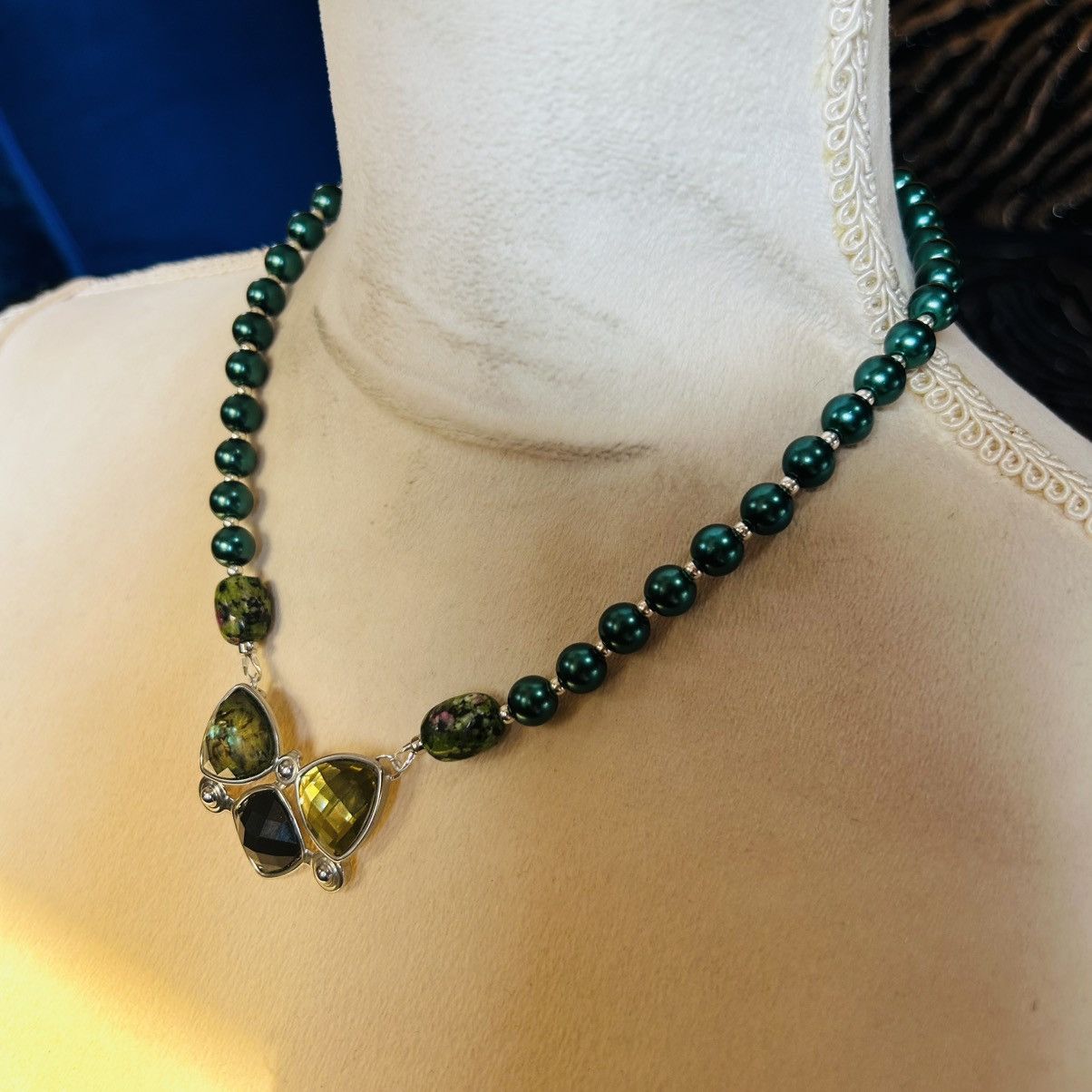 Handmade Handcrafted ruby in zoisite peacock blue Czech necklace Size ONE SIZE - 3 Thumbnail
