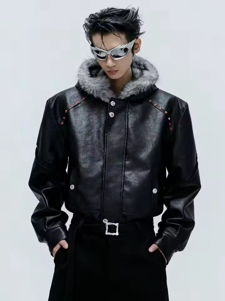 Japanese Brand Black Faux Leather Bomber Jacket with Fur Collar Size US XL / EU 56 / 4 - 8 Thumbnail