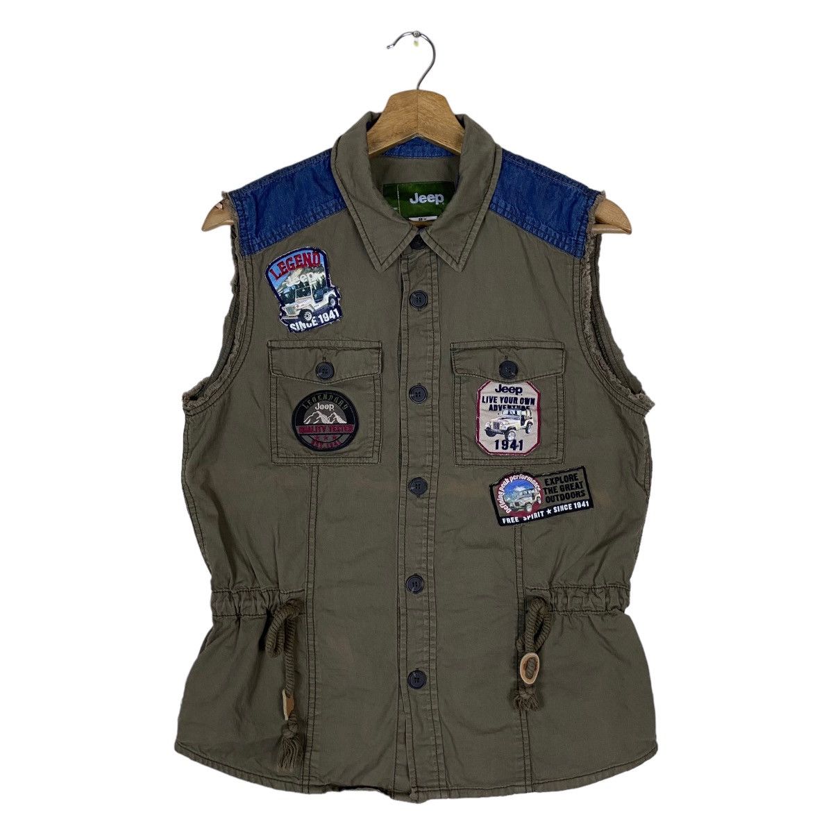 image of Vintage Jeep Patch Work Sleeveless Womenswear Buttonup Shirt in Dark Green, Women's (Size Small)