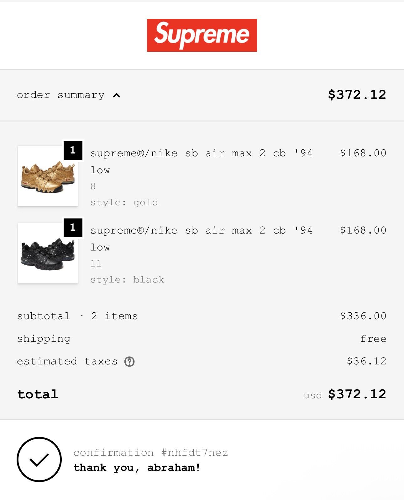 Supreme Supreme®/Nike SB Air Max 2 CB '94 Low (Black) Size US 11 / EU 44 - 2 Thumbnail