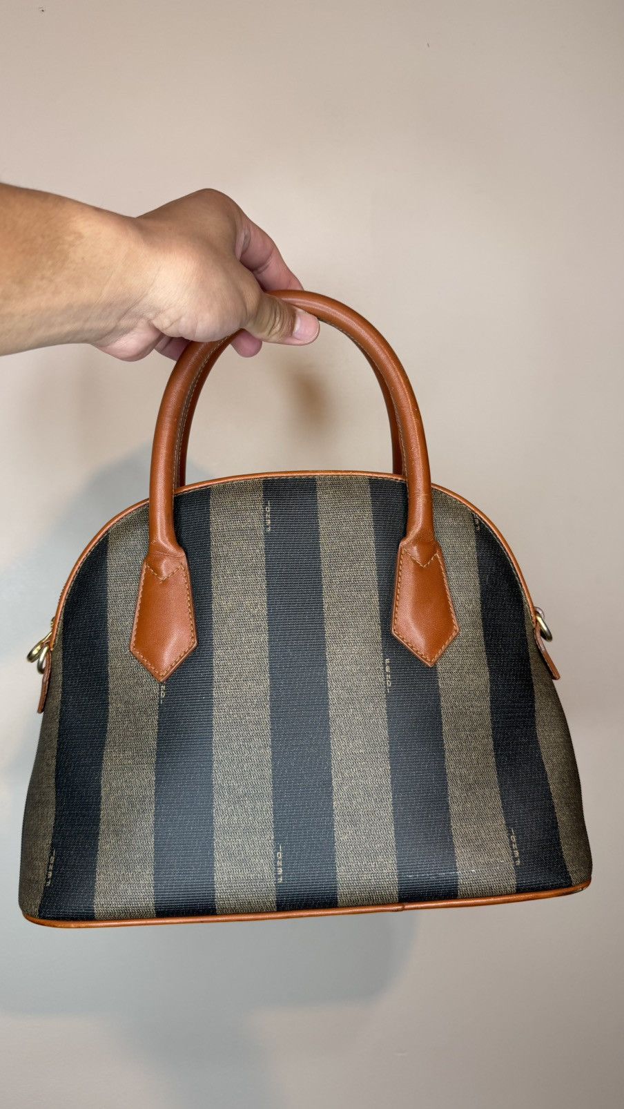 Fendi Fendi Brown Striped Pequin Canvas Dome Handbag with Leather Size ONE SIZE - 2 Thumbnail