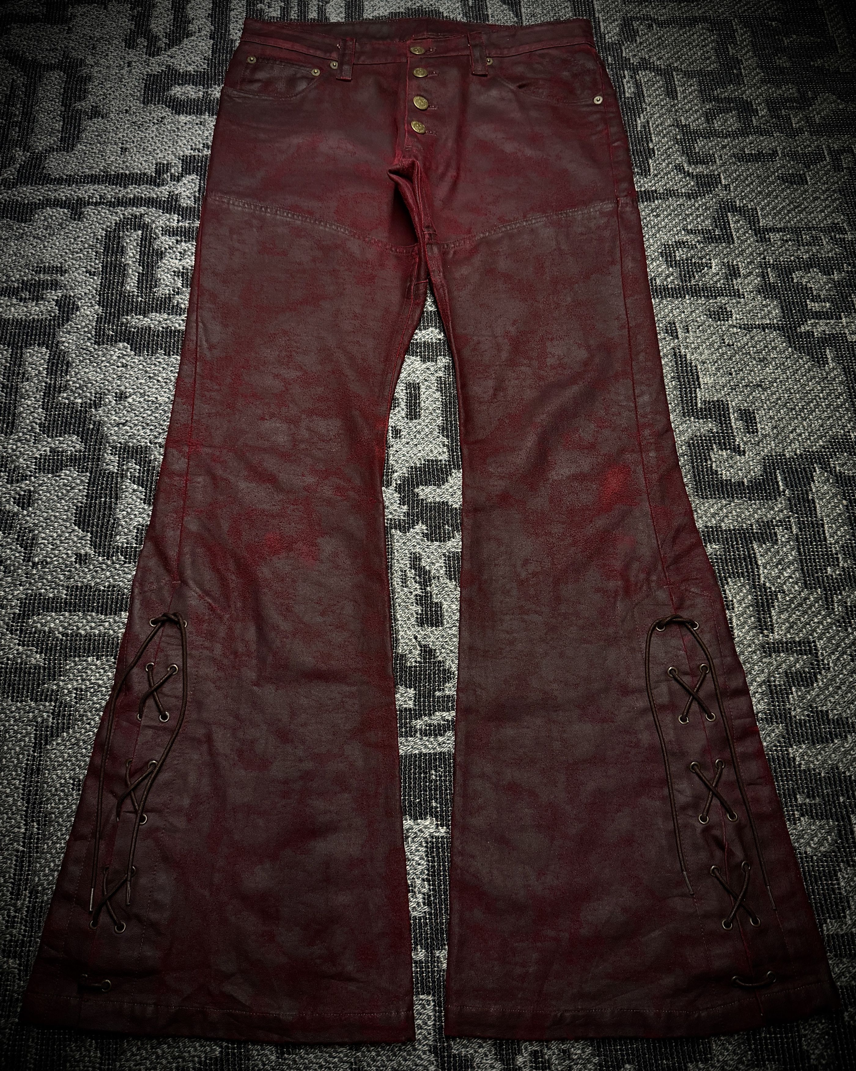 Tornado Mart Tornado Mart Coated Deep Red Flared Pants Size US 31 - 2 Thumbnail