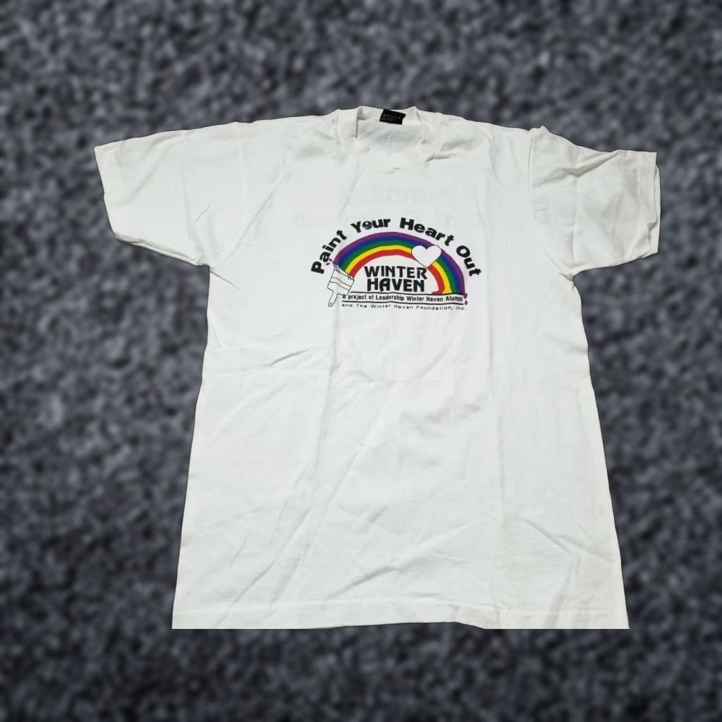 Vintage VINTAGE Mens L T SHIRT Paint Your Heart Out Winter Haven Graphic Tee White 1980s Distressed Mens L Brand Screen Stars Short Sleeve Cotton Blend Size US L / EU 52-54 / 3 - 1 Thumbnail