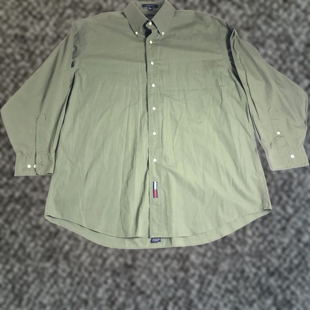 Tommy Hilfiger VINTAGE Tommy Hilfiger Shirt Mens Long Sleeve Poplin Millitary Green 2XL Button-Up Button-Front 100% Cotton Size US XXL / EU 58 / 5 - 1 Thumbnail