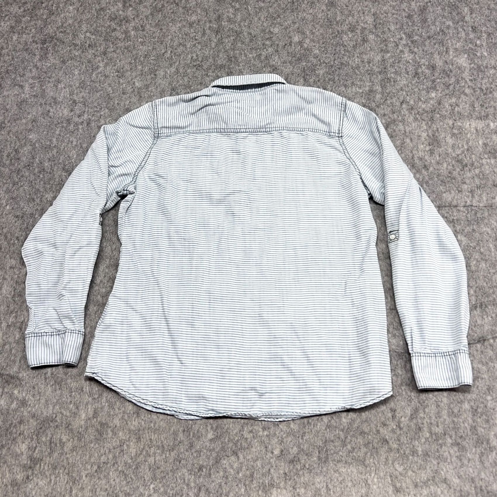 Vintage Foxcroft Shirt Womens 10P Blue Stripe Tencel Lyocell Button Front Top Roll Tab Size L / US 10 / IT 46 - 2 Thumbnail