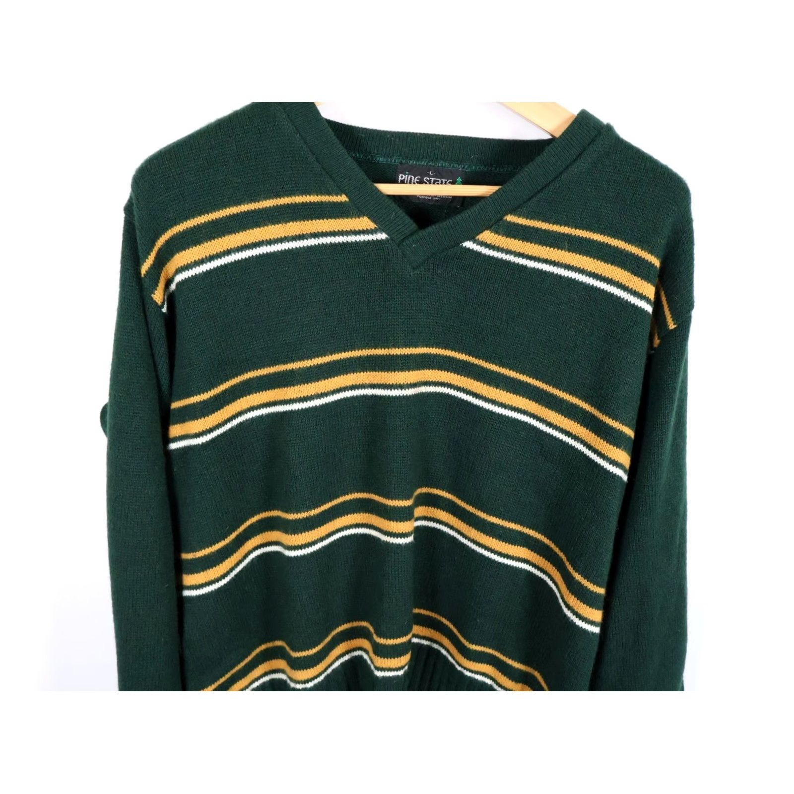 Vintage VINTAGE Mens Large Green Yellow Striped V-Neck Sweater Shirt Pullover 80s 90s Preppy Casual Lightweight Knit Boxy Fit Size US L / EU 52-54 / 3 - 4 Thumbnail