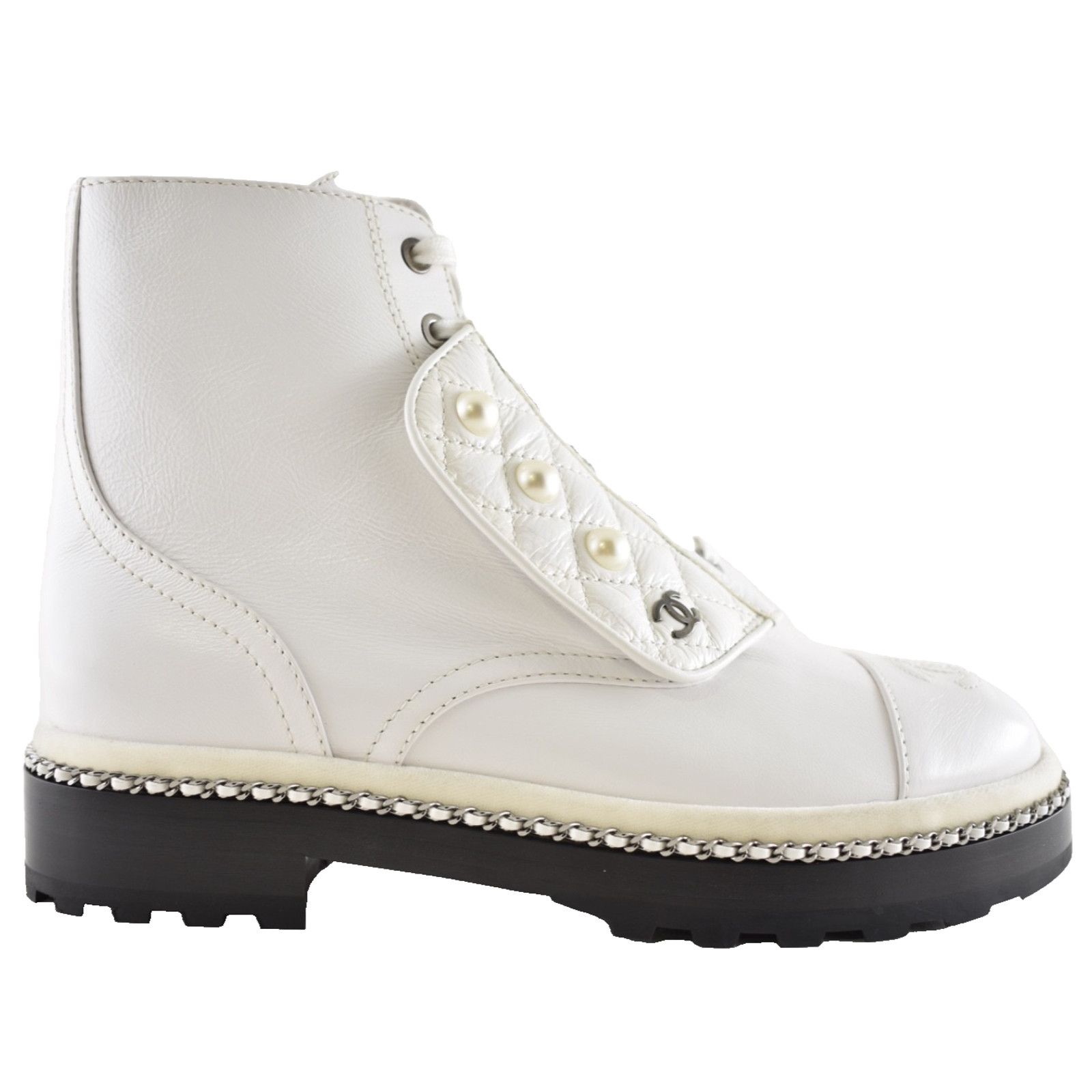 Chanel Chanel 18K White Pearl CC Chain Around Combat Lace Up Size US 7 / IT 37 - 1 Thumbnail