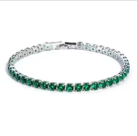 Sterling Silver 4mm Tennis Chain Sterling Silver Green Bracelet Size ONE SIZE - 1 Thumbnail