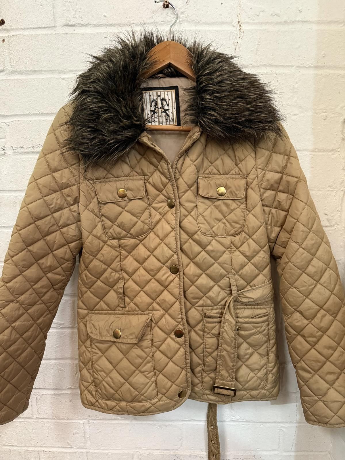 Unknown London Quilted Beige Women's Jacket with Faux Fur Collar Size ONE SIZE - 1 Thumbnail